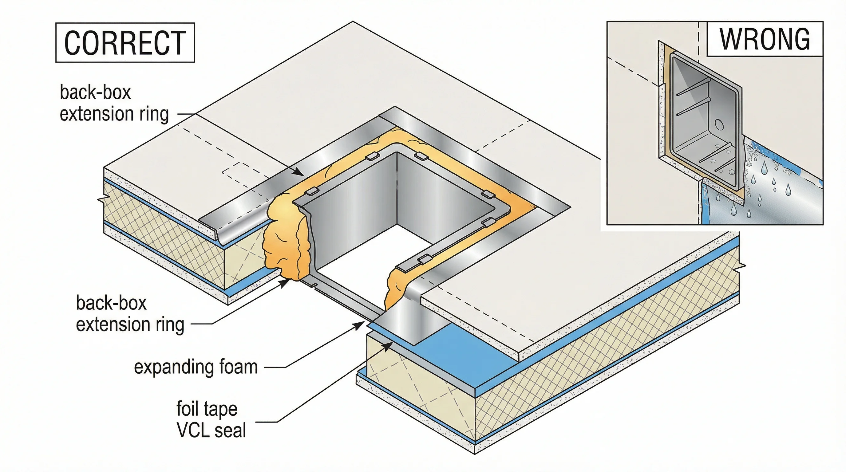 Isometric cutaway cross-section showing a socket cutout through insulated plasterboard correctly sealed with a back-box extension ring, expanding foam fill, and aluminium foil tape restoring the VCL, with an inset showing the wrong method: an unsealed cutout with condensation droplets forming behind the board.
