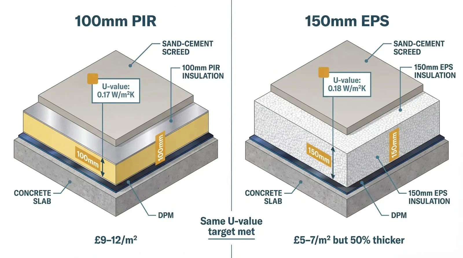 Side-by-side isometric cutaway comparison of two floor build-ups: a 100mm PIR board (yellow/gold with foil faces, U-value 0.17 W/m²K) versus a 150mm EPS board (white beaded texture, U-value 0.18 W/m²K), both achieving the same Part L floor target, with the EPS build-up visibly taller.