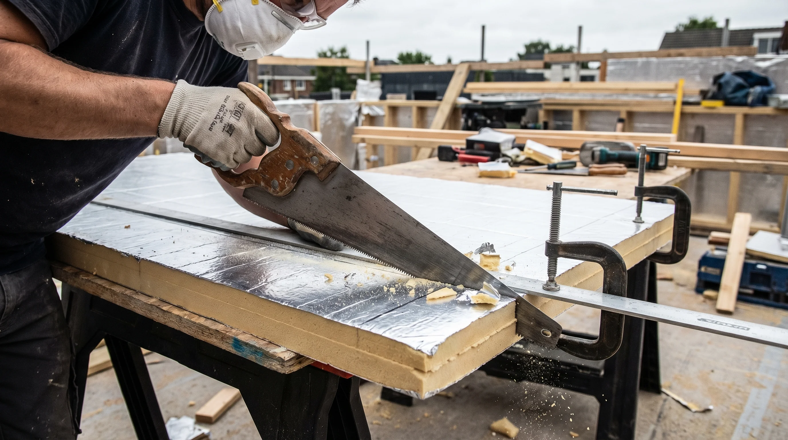 A person sawing through a 120mm PIR insulation board with a fine-toothed handsaw, the board supported on both sides of the cut line