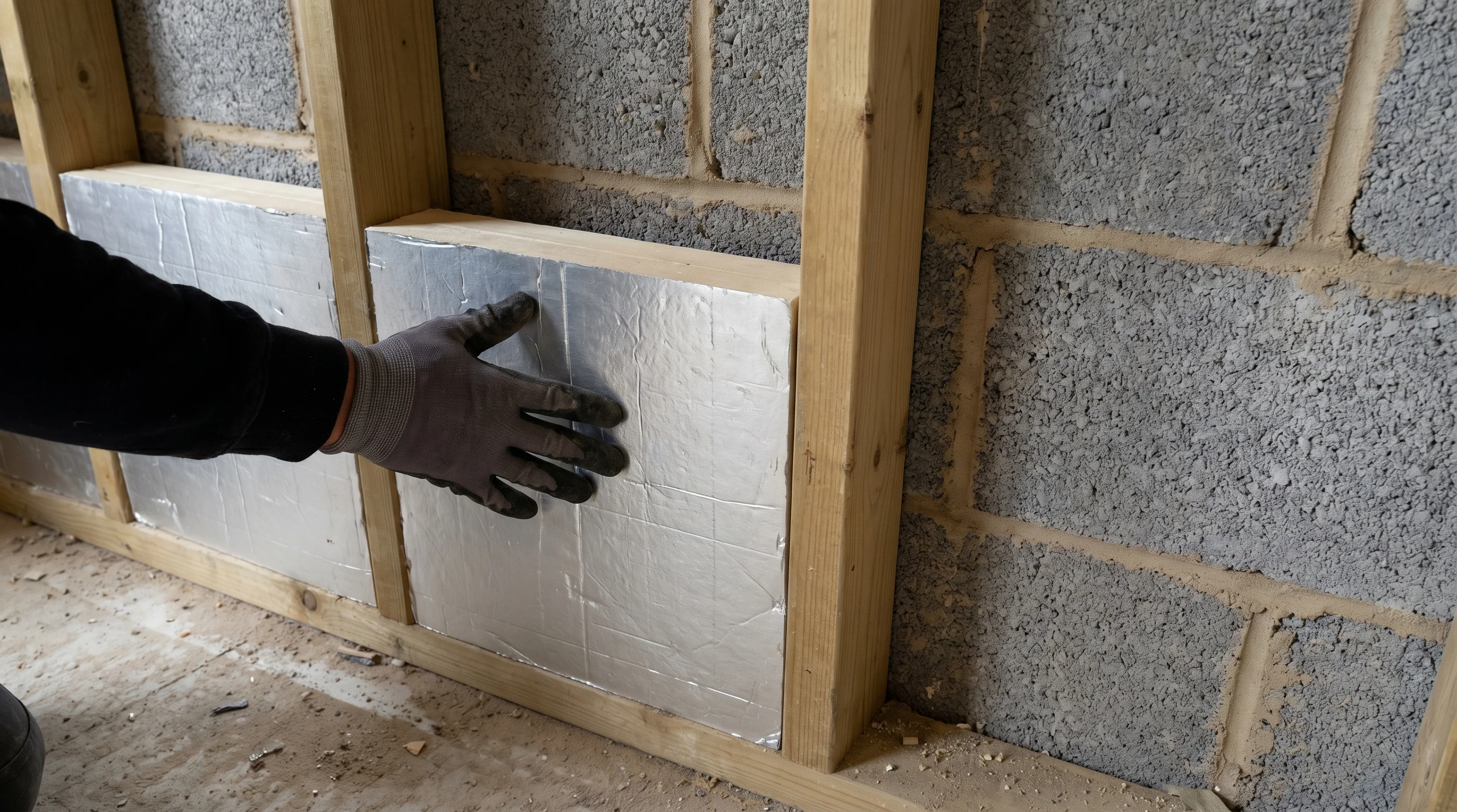 50mm PIR insulation board installed between timber studs, with the silver foil face visible and boards cut to fill the stud bays