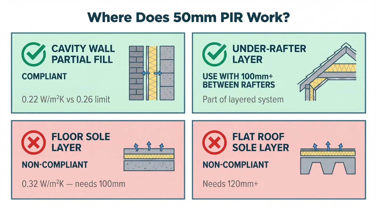 A 2x2 grid infographic showing four building elements with green tick or red cross suitability indicators for 50mm PIR insulation. Cavity wall partial fill and under-rafter layer are marked compliant in green; floor sole layer and flat roof sole layer are marked non-compliant in red with required thicknesses.