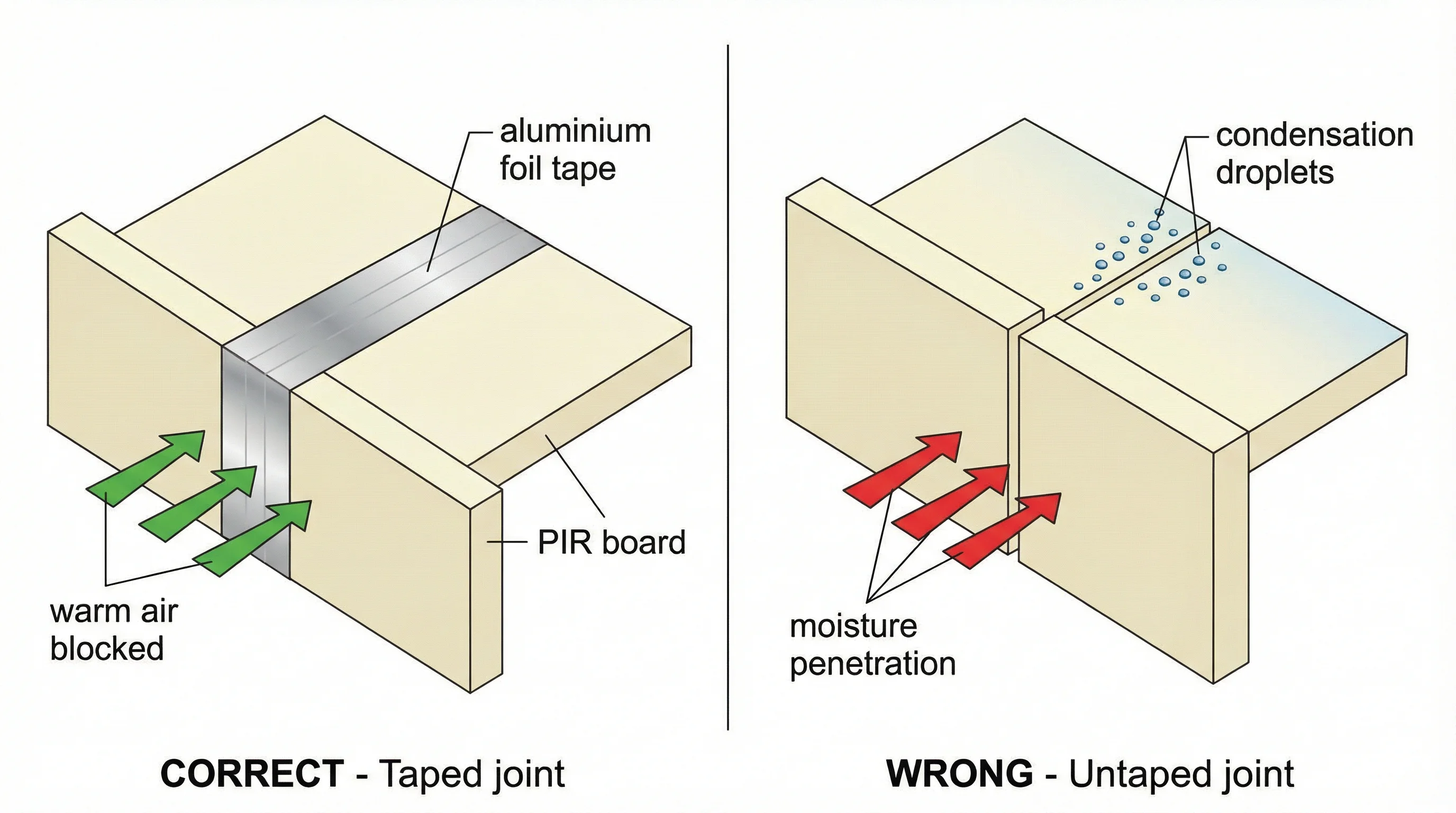 Side-by-side isometric cutaway comparison of two PIR board joints: the left panel shows a properly taped joint with aluminium foil tape sealing the gap and arrows indicating warm air is blocked; the right panel shows an untaped joint with arrows showing warm moist air penetrating through the gap and condensation forming on the cold side.