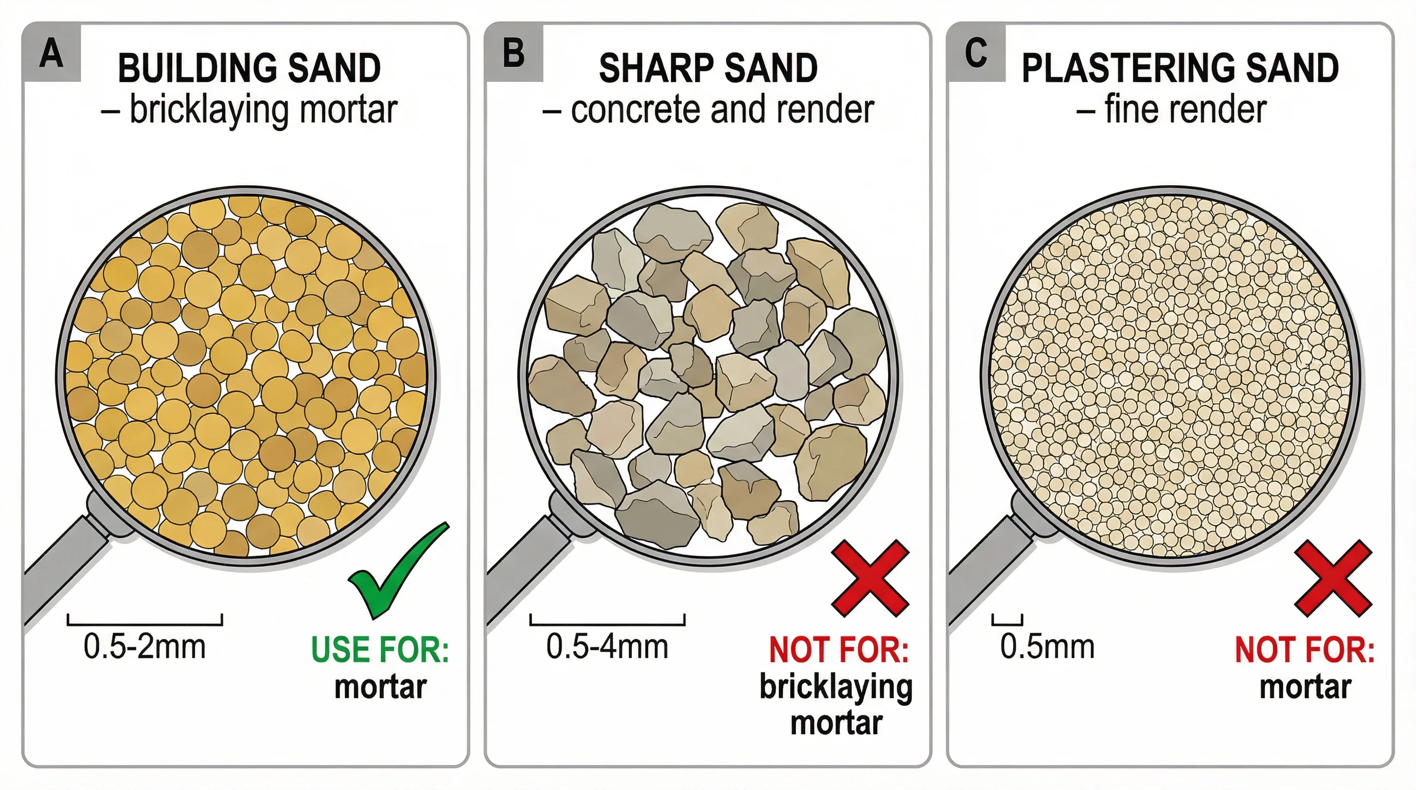 Side-by-side cross-section comparison of three sand types: building sand with smooth rounded golden grains (0.5–2mm), sharp sand with angular grey-beige grains (0.5–4mm), and plastering sand with very fine pale cream grains (0.063–1mm). Each panel shows the grain shape with labels and a tick or cross indicating suitability for bricklaying mortar.