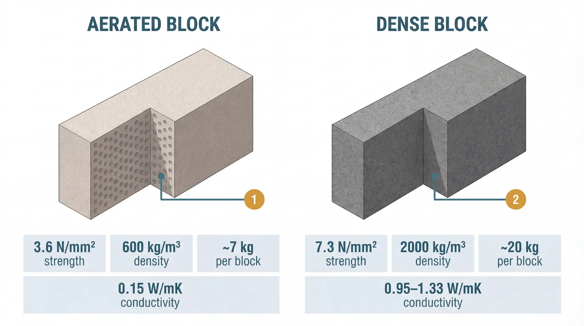 Side-by-side isometric cutaway of a 100mm aerated concrete block (warm light grey, cellular air-pocket interior) and a 100mm dense aggregate block (dark grey, solid matrix), each with property stat panels below showing strength, density, weight, and thermal conductivity figures.