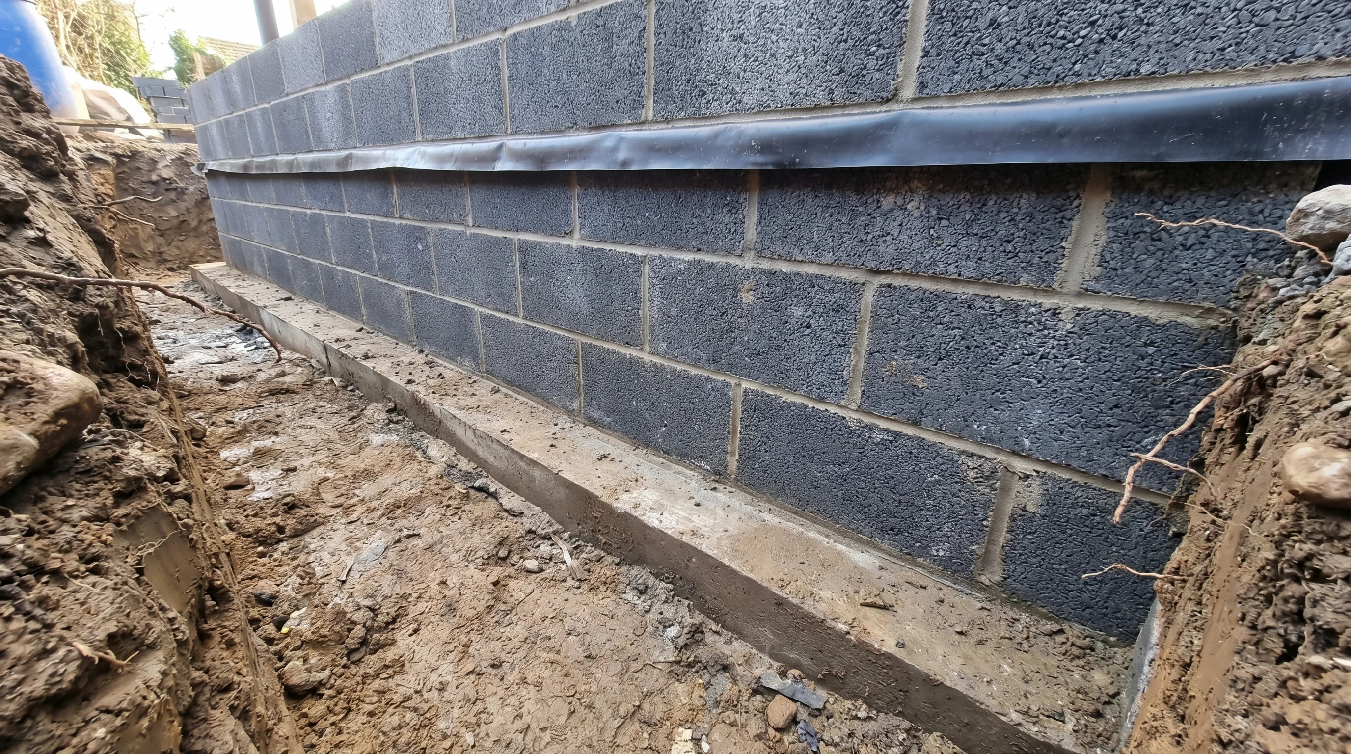 Isometric cutaway diagram of a 100mm dense concrete block cavity wall showing strip foundation, dense blocks below DPC, DPC membrane, and cavity wall above with dense outer leaf and aerated inner leaf