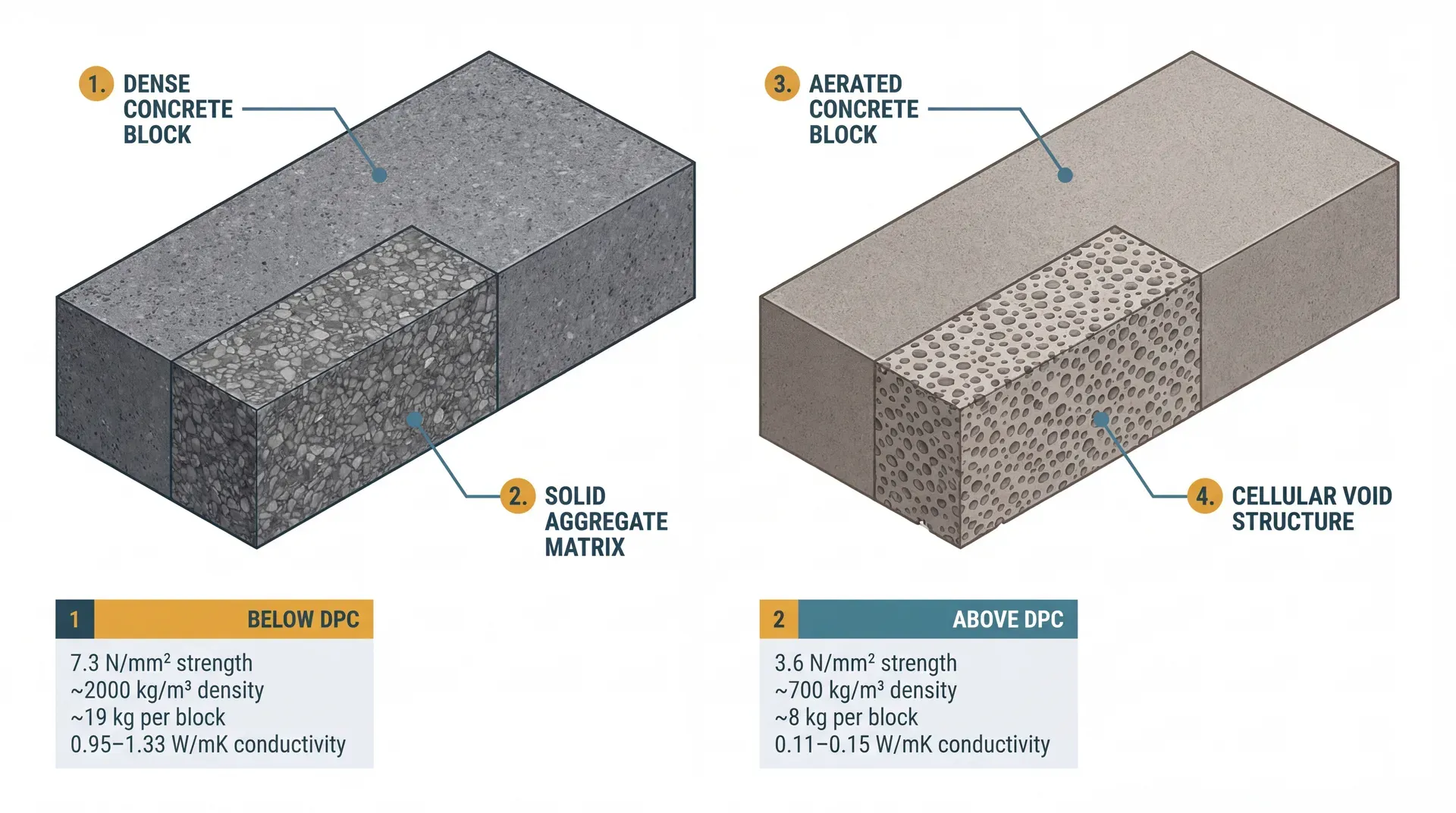Side-by-side isometric cutaway of a 100mm dense concrete block (dark grey, solid aggregate matrix) and a 100mm aerated concrete block (warm light grey, visible cellular voids), each shown with property panels listing strength, density, weight, and thermal conductivity values. Dense block labelled BELOW DPC, aerated block labelled ABOVE DPC.