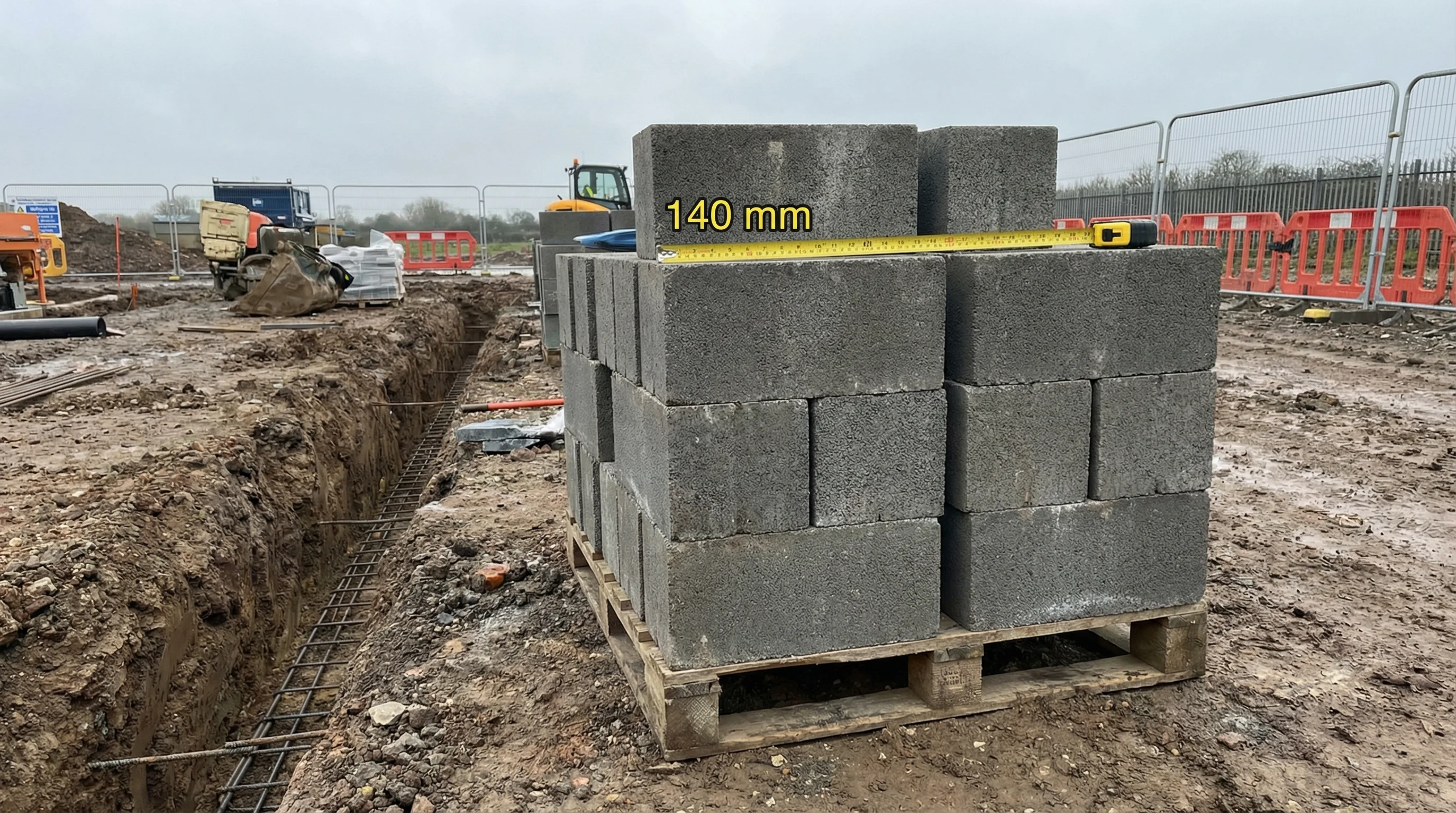 140mm dense concrete blocks stacked on a pallet beside a foundation trench, showing the greater width compared to standard 100mm blocks