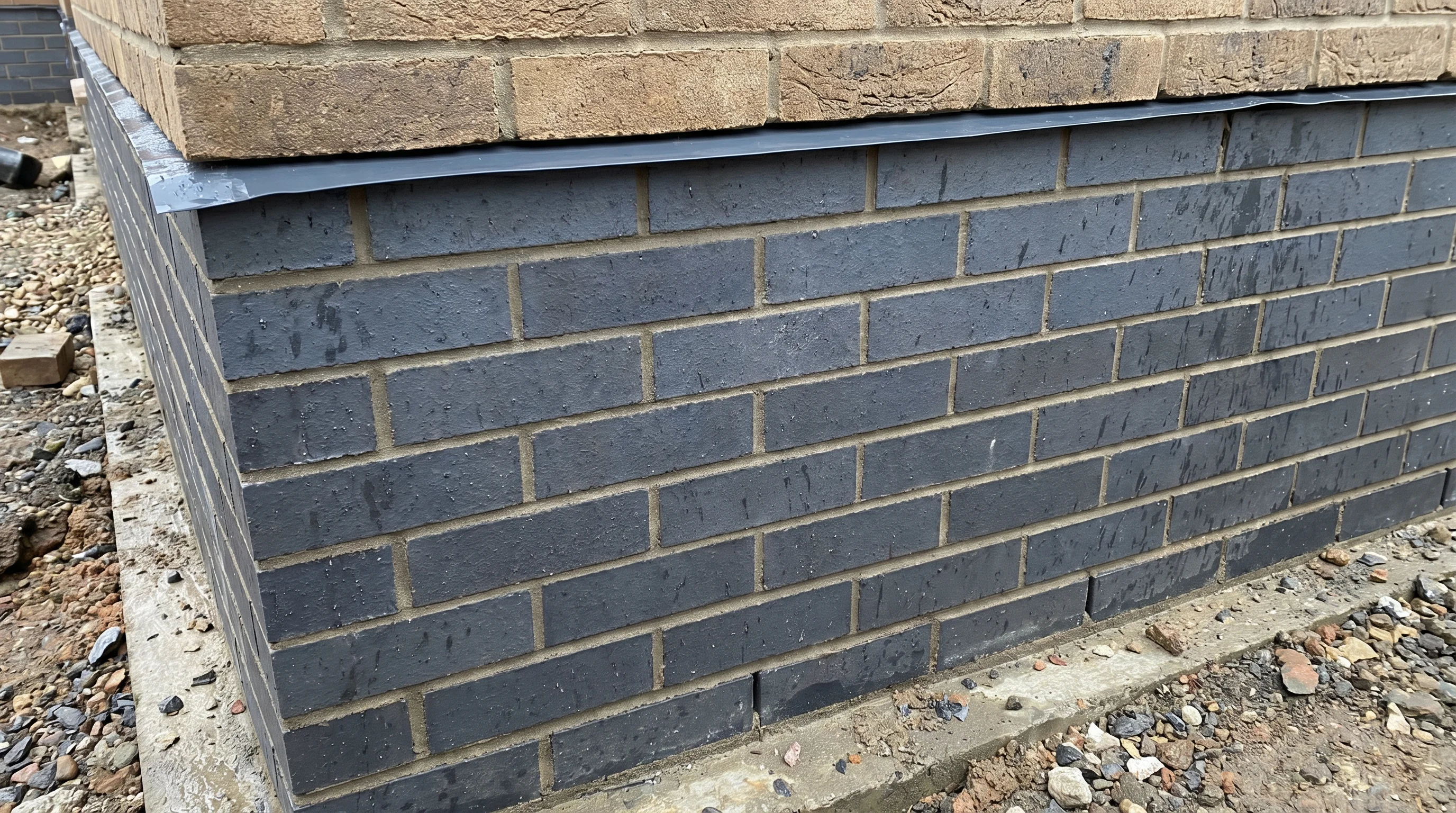 Cross-section diagram showing engineering brick courses below DPC level with DPC membrane and cavity wall above, annotated with dimensions