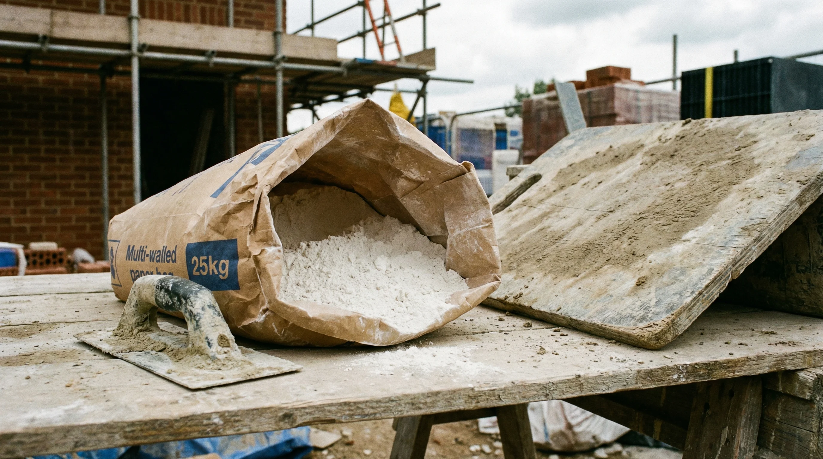 Open 25kg bag of hydrated lime powder on a building site workbench, with a trowel and mortar mixing board alongside, showing the fine white powder characteristic of builder's lime