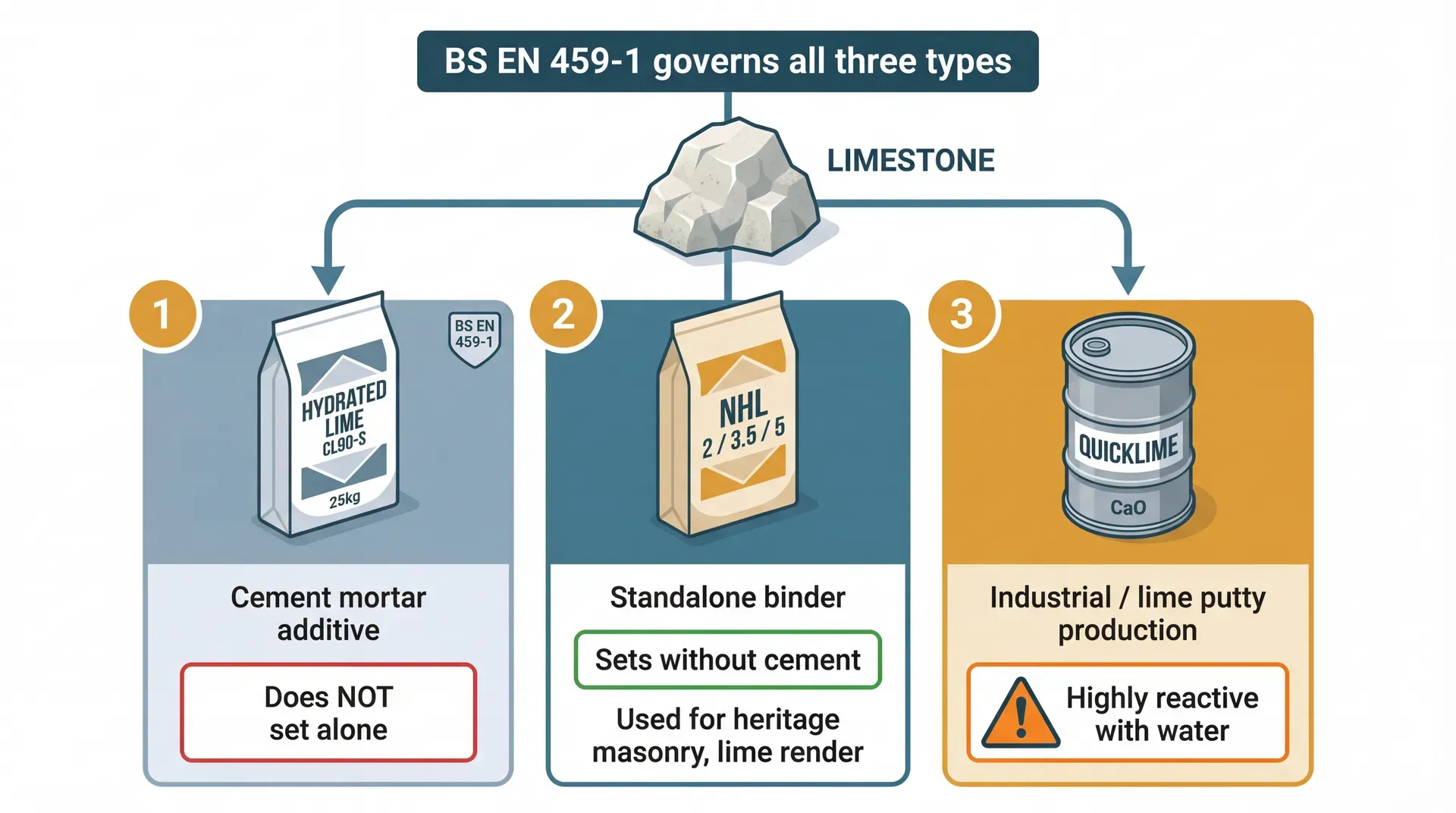 Visual taxonomy of UK building limes under BS EN 459-1, showing three columns: Hydrated Lime CL90-S as a cement mortar additive that does not set alone, Natural Hydraulic Lime NHL 2/3.5/5 as a standalone binder that sets without cement, and Quicklime CaO as an industrial product that is highly reactive with water. All derived from a common limestone source.