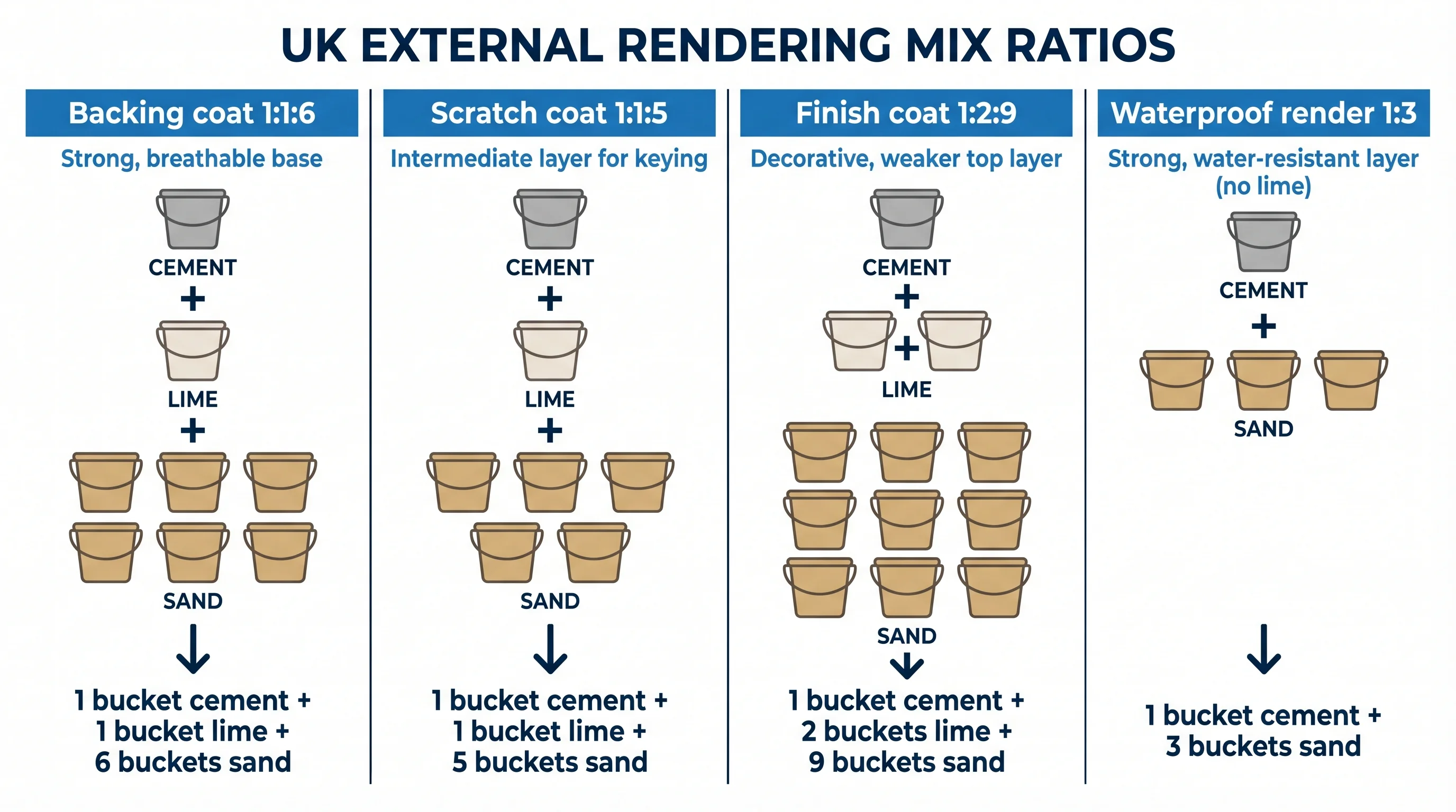 Four-column infographic showing render mix ratios for UK external rendering. Each column displays a vertical stack of colour-coded buckets representing proportions of sand (golden yellow), cement (grey), and lime (white) for four common mixes: 4:1 scratch coat, 5:1 scratch coat, 6:1:1 top coat with lime, and 6:1 top coat without lime.