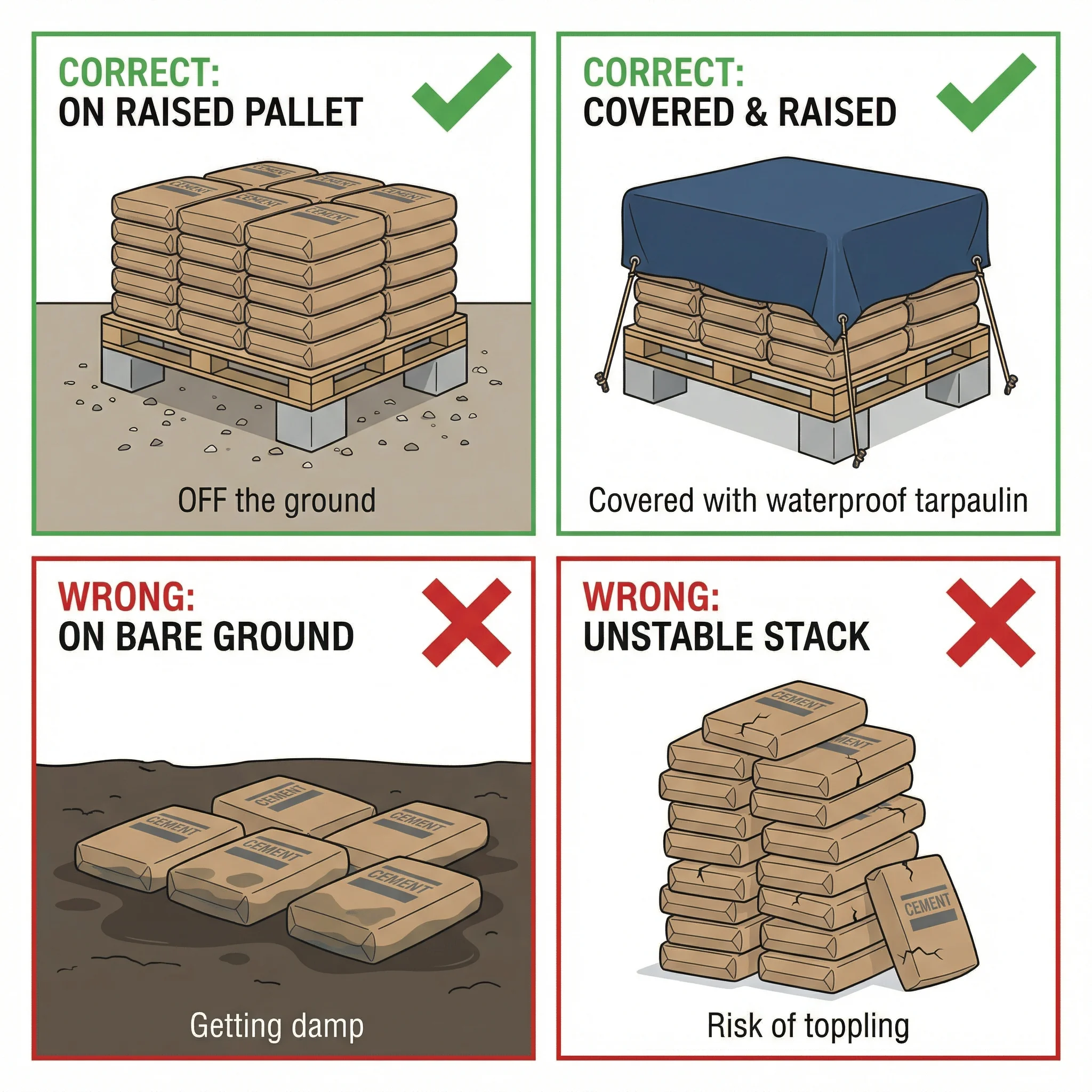 Four-panel vertical infographic showing correct site storage of cement bags: panel 1 shows bags stacked on a raised pallet off the ground; panel 2 shows bags covered with a tarpaulin; panel 3 shows a FIFO arrow diagram for using oldest bags first; panel 4 is an amber warning panel showing a calendar with clock icon and the text 3 months max for paper bags.