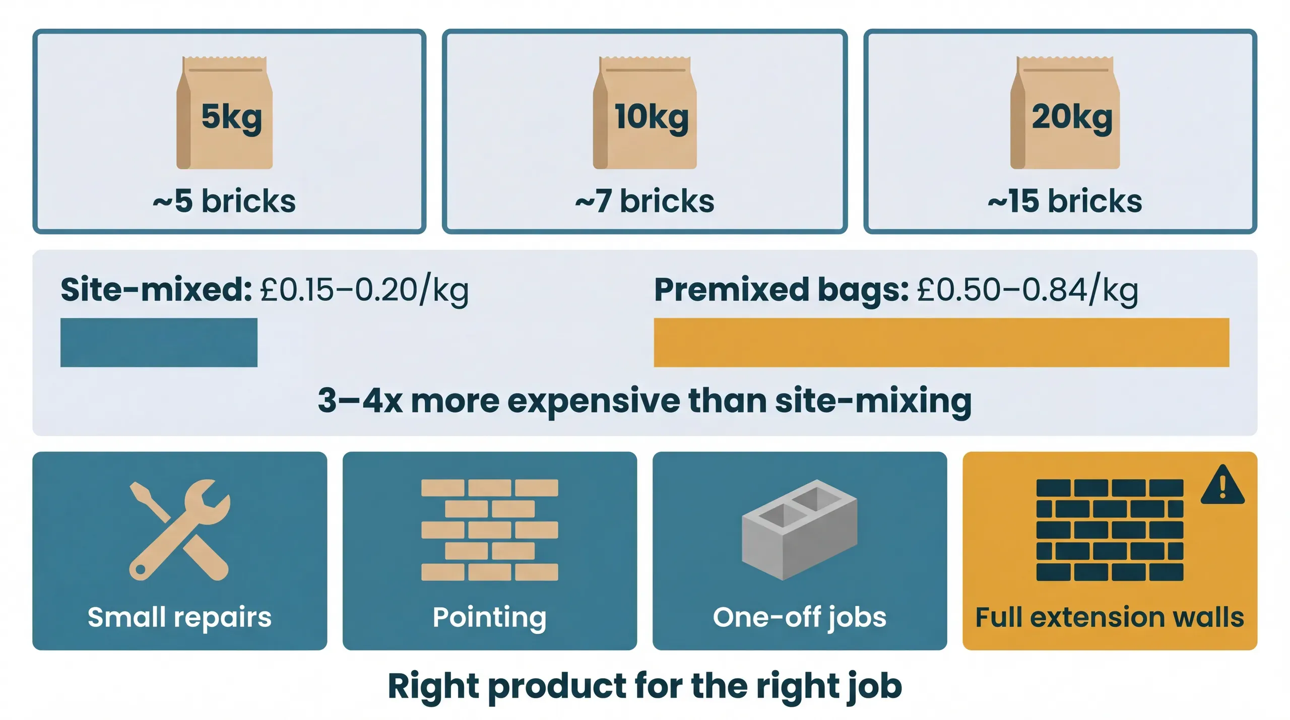 Infographic dashboard showing premixed mortar bag sizes (5kg, 10kg, 20kg) with coverage per bag, cost comparison between premixed and site-mixed mortar, and use-case panels indicating appropriate and inappropriate applications