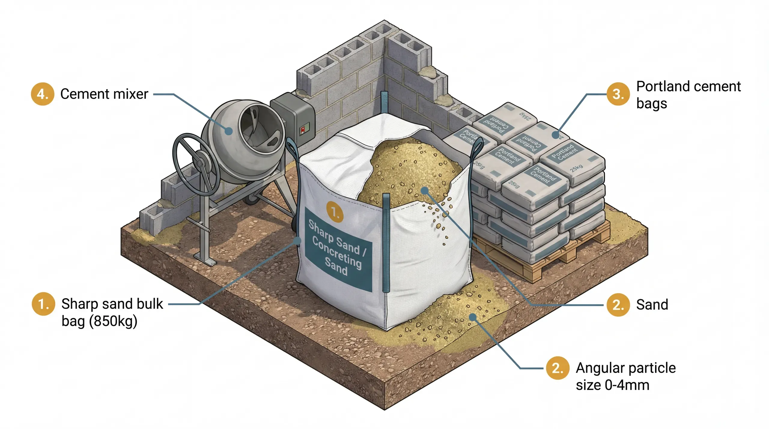 A bulk bag of sharp sand on a building site with a concrete mixer and bags of Portland cement in the background