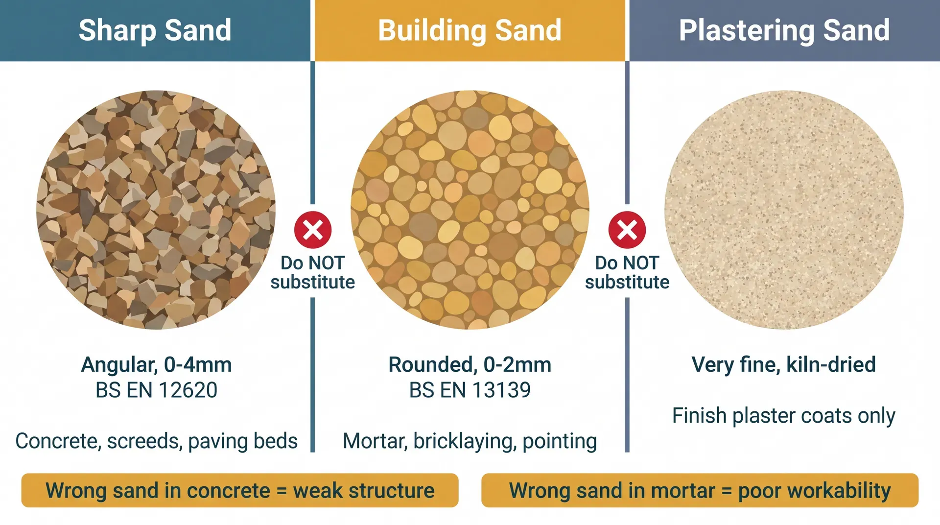 Side-by-side comparison of three main UK construction sands: sharp sand (angular 0-4mm particles, BS EN 12620, used for concrete and screeds), building sand (rounded 0-2mm particles, BS EN 13139, used for mortar and bricklaying), and plastering sand (very fine kiln-dried particles, used for finish plaster coats only). Warning callouts indicate these sands cannot be substituted for one another.