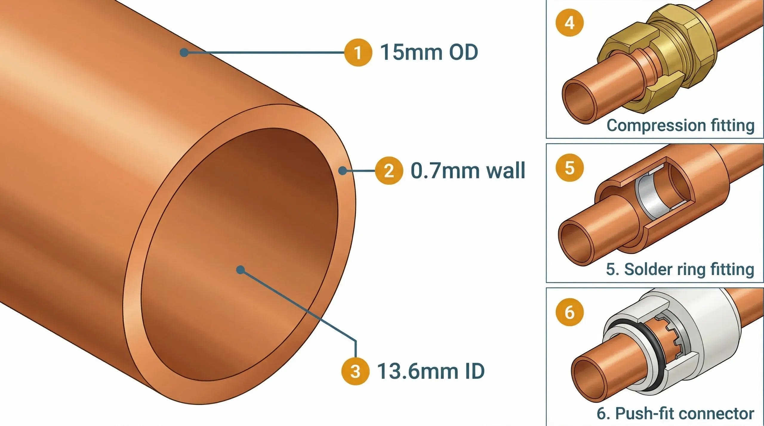 Technical diagram showing a cross-section of 15mm copper pipe with wall thickness, outside diameter, and inside diameter labelled, alongside the three joining methods: compression fitting, solder ring fitting, and push-fit connector
