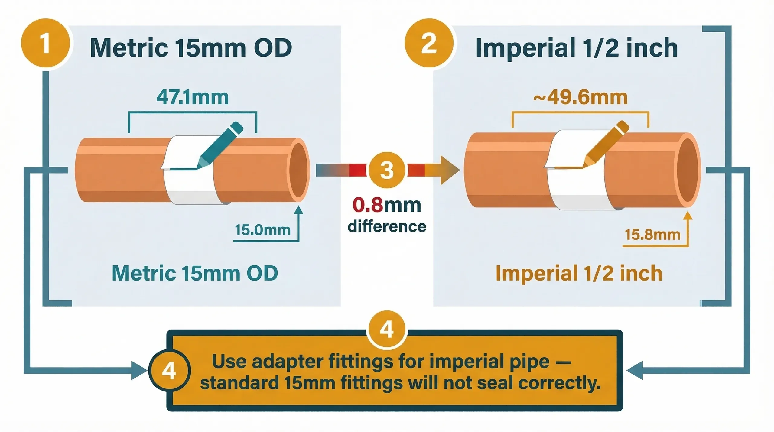Side-by-side comparison showing the paper-wrap circumference test applied to metric 15mm copper pipe measuring 47.1mm and imperial 1/2 inch pipe measuring approximately 49.6mm, with a comparison bar highlighting the 0.8mm outside diameter difference and a warning to use adapter fittings for imperial pipe.