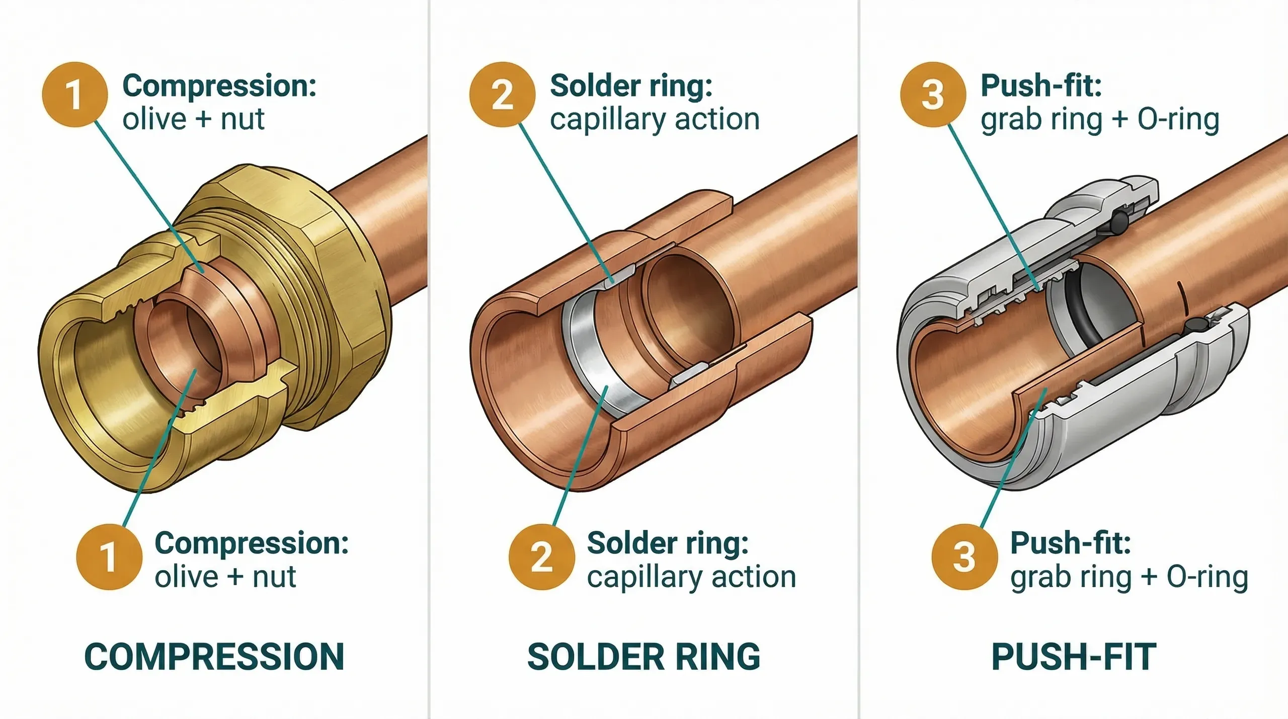 Side-by-side isometric cutaway diagrams of three methods for joining 22mm copper pipe. Left panel shows a brass compression fitting with the olive and nut visible around the copper pipe. Centre panel shows a copper solder ring fitting with the pre-loaded solder ring inside the capillary socket. Right panel shows a grey plastic push-fit fitting revealing the internal grab ring and O-ring seal with the pipe inserted to depth. Each panel is labelled: COMPRESSION, SOLDER RING, PUSH-FIT.