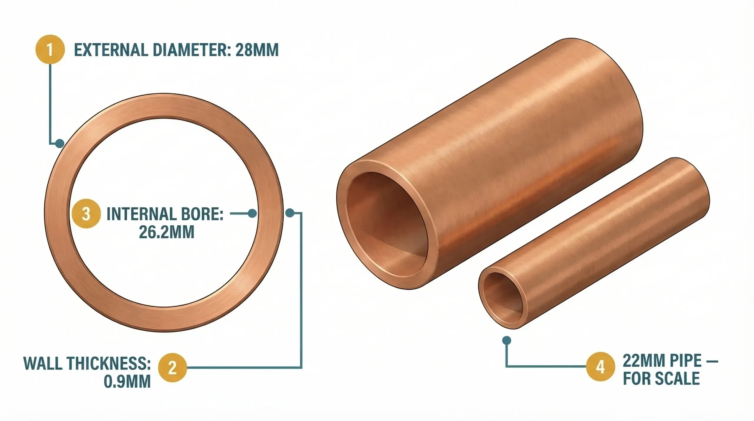 Technical cross-section of 28mm copper pipe showing wall thickness, internal bore, and compression fitting assembly with olive and nut
