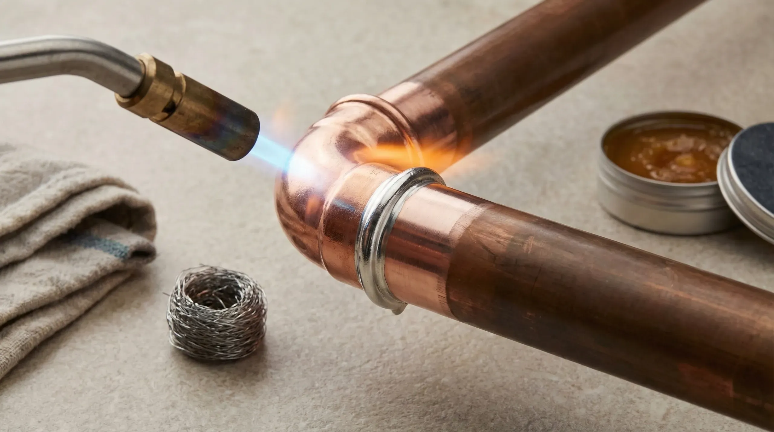 Close-up photograph of a propane torch flame applied to a 28mm solder ring elbow fitting on copper pipe. A bright silver ring of molten solder is visible wicking out at the joint edge, indicating a complete seal. Wire wool, flux tin, and a cloth are visible nearby. The copper pipe shows a cleaned bright section near the fitting contrasting with the duller oxidised surface further away.