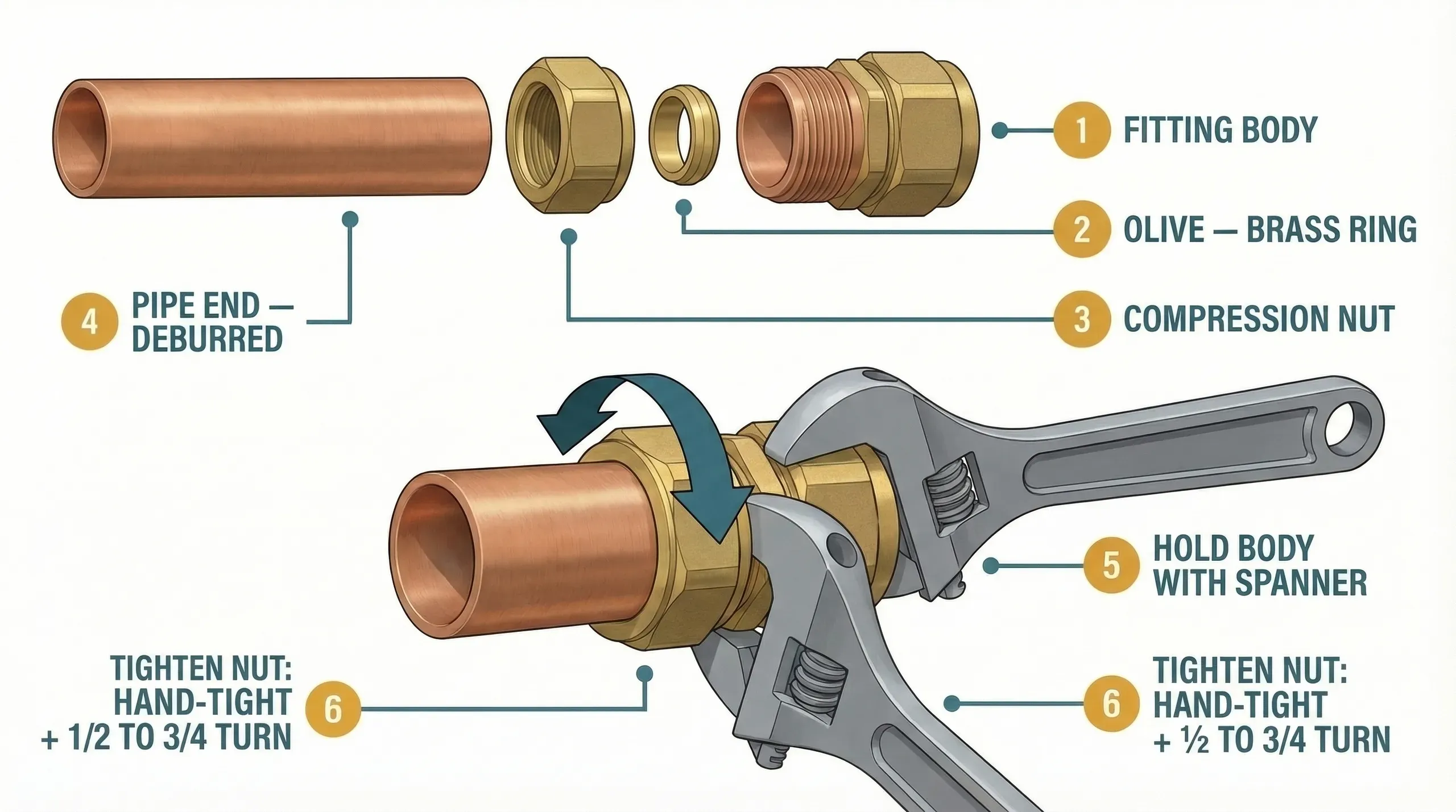 Exploded view of a 28mm compression fitting showing the fitting body, olive (brass ring), compression nut, and deburred pipe end in a linear arrangement. Below, two adjustable spanners are shown in position on the assembled fitting (one holding the body, one tightening the nut) with a direction arrow indicating the half-to-three-quarter turn required.