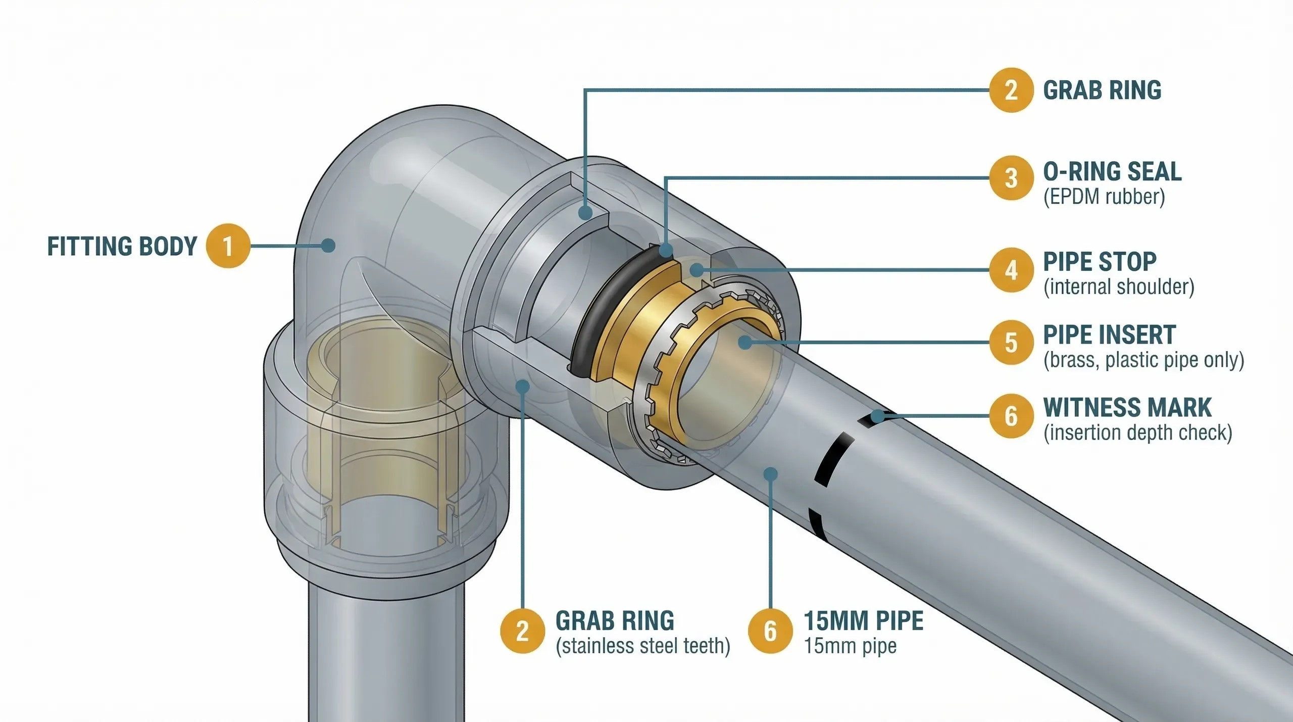 Cutaway technical diagram of a push-fit plumbing fitting showing the grab ring, O-ring seal, and pipe insert inside the fitting body, with a 15mm pipe partially inserted