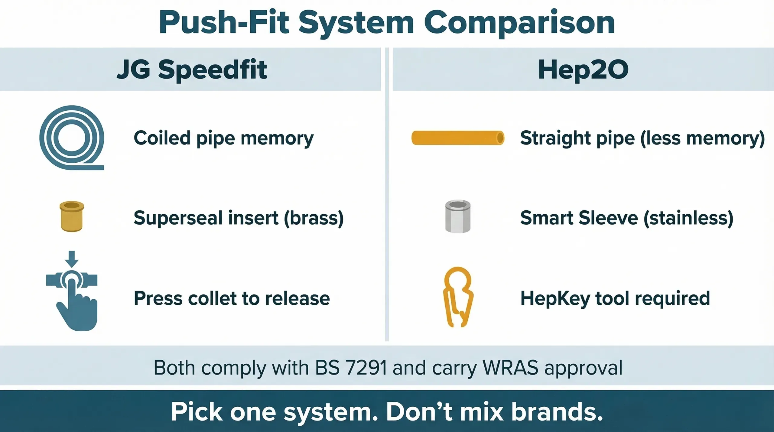 Side-by-side infographic comparing JG Speedfit and Hep2O push-fit plumbing systems. Left column shows Speedfit with coiled pipe memory, brass Superseal insert, and press-collet release. Right column shows Hep2O with straight pipe, stainless Smart Sleeve insert, and HepKey tool requirement. A shared footer notes both comply with BS 7291 and WRAS approval.