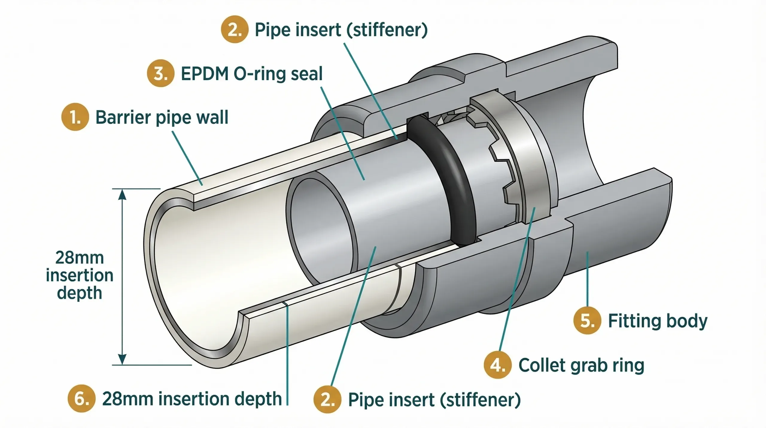 Cross-section of a 22mm push-fit pipe joint showing the collet grip teeth, EPDM O-ring seal, pipe insert stiffener, and witness mark depth, with each component labelled