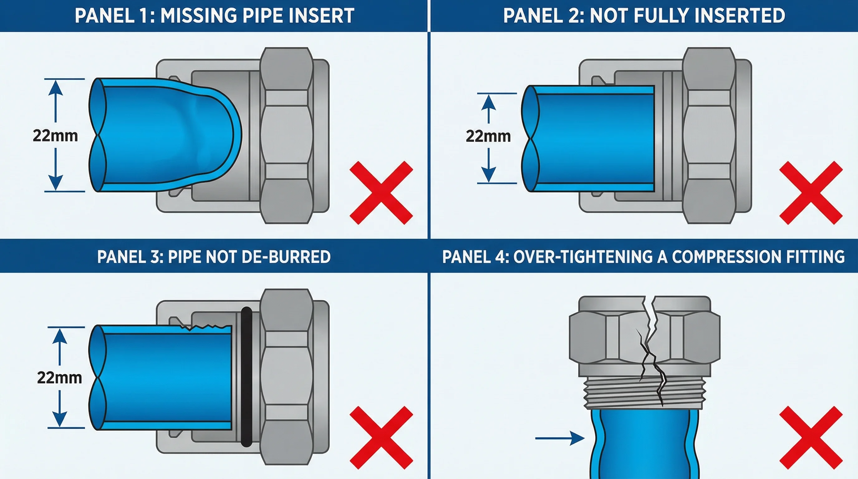 Four-panel infographic illustrating the most common push-fit installation errors: missing pipe insert causing pipe wall deformation, non-barrier pipe on heating causing black sludge buildup in radiators, short insertion leaving the witness mark outside the fitting, and rigid clipping with no expansion allowance causing stress at fittings.