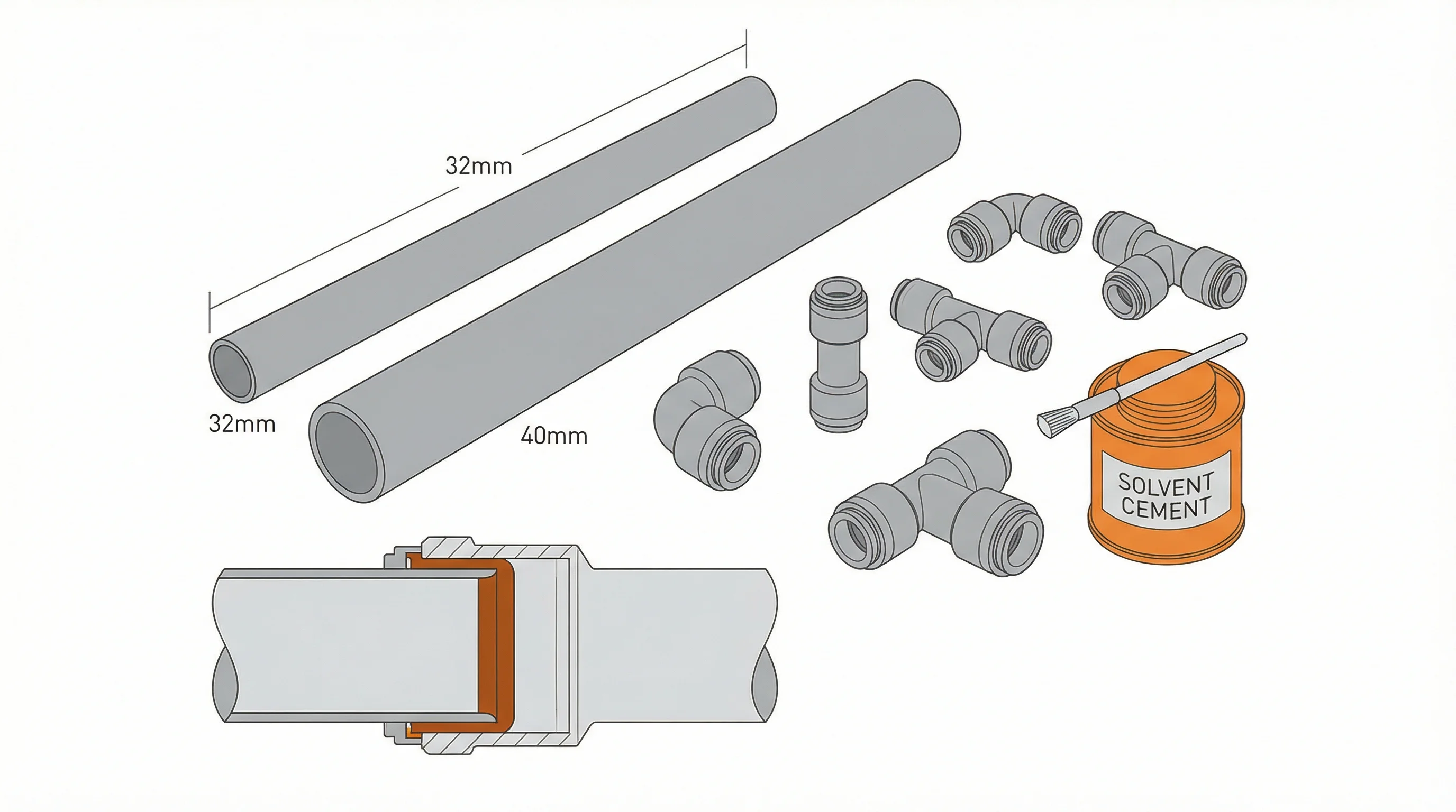 Technical diagram showing solvent-weld waste pipe components: 32mm and 40mm pipes with fittings, solvent cement tin, and a cutaway of a correctly made joint