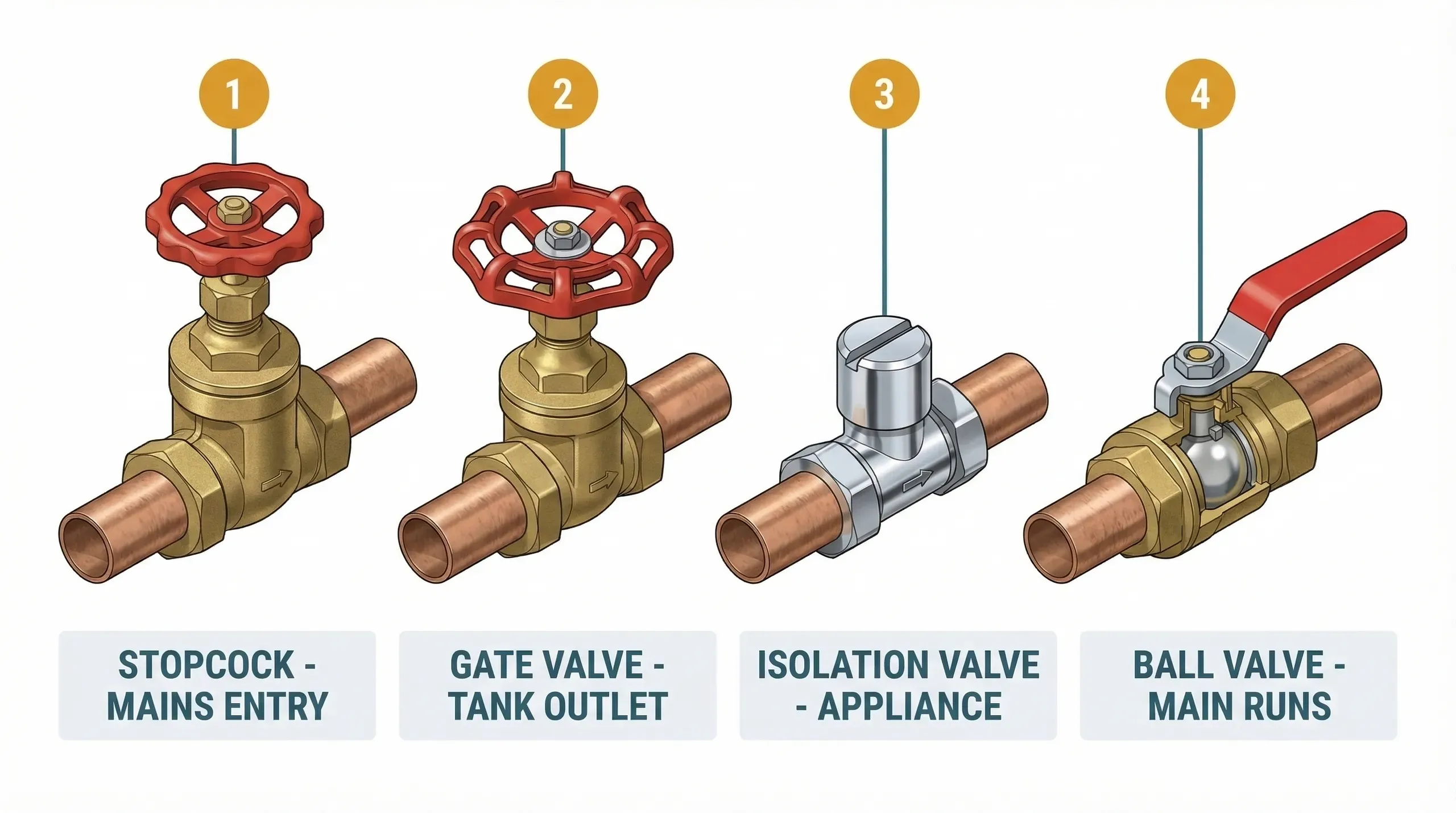 Four domestic plumbing valve types arranged left to right: brass stopcock, wheelhead gate valve, screwdriver-slot isolation valve, and lever ball valve, each with a label showing where it is used in a house
