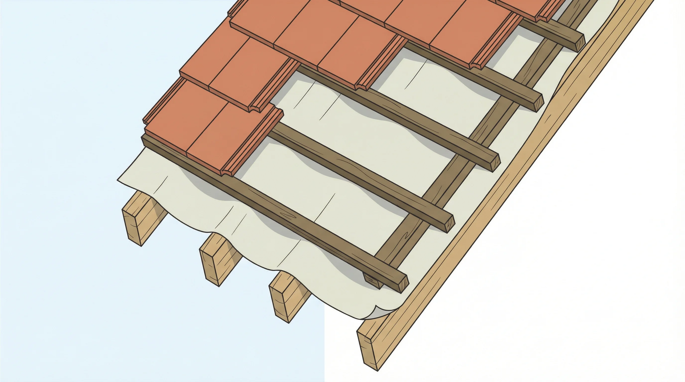 Isometric cutaway of a pitched roof section showing breathable membrane draped over rafters beneath timber battens, with annotation labels for each layer and drape measurement