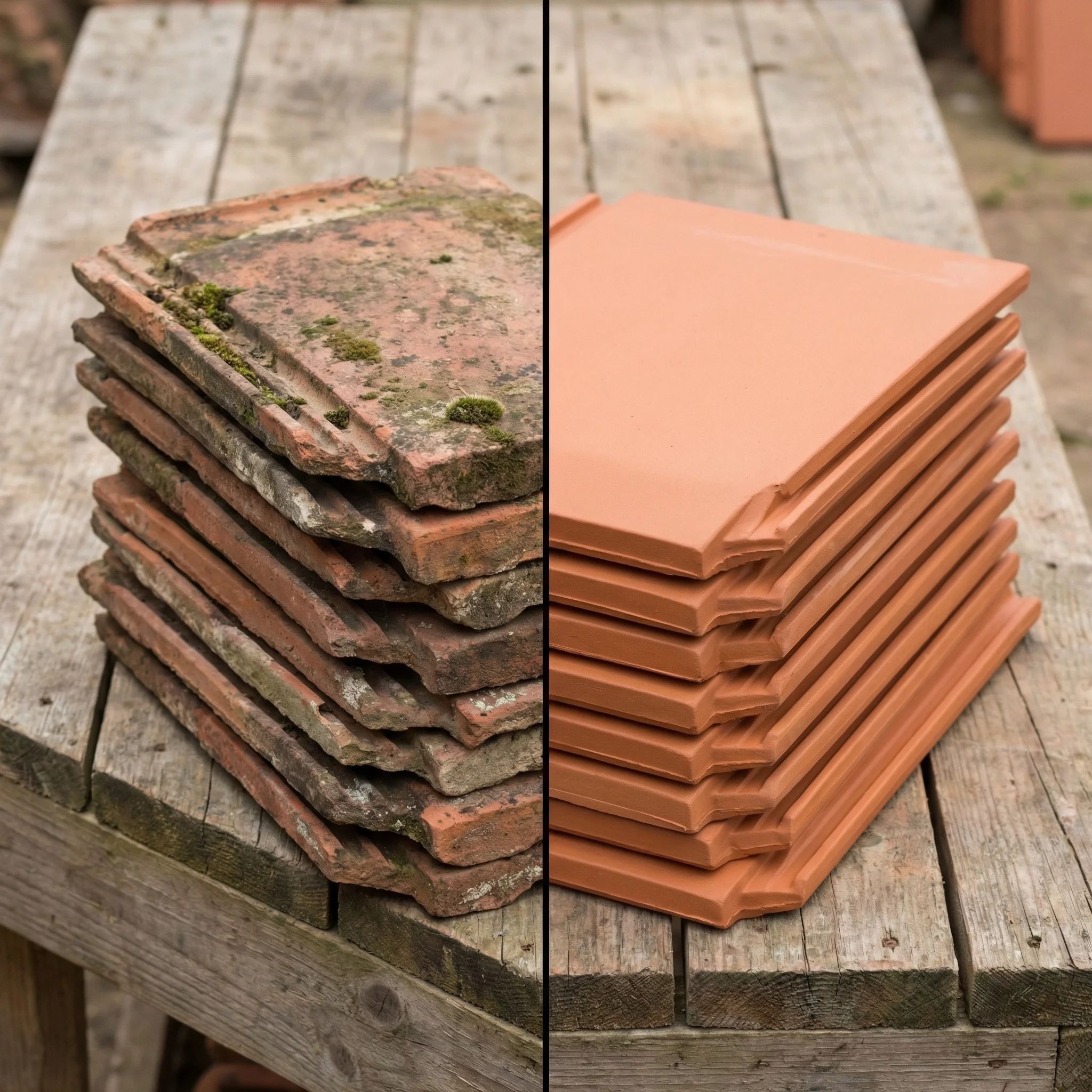 Reclaimed versus new clay plain tiles side by side