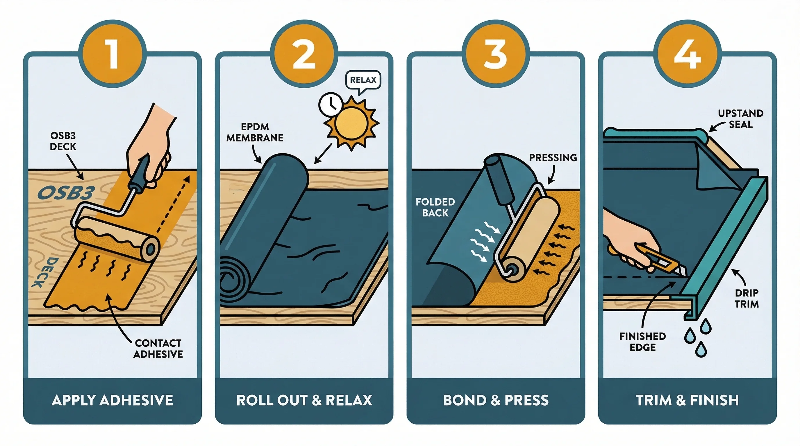 EPDM membrane installation process in four stages