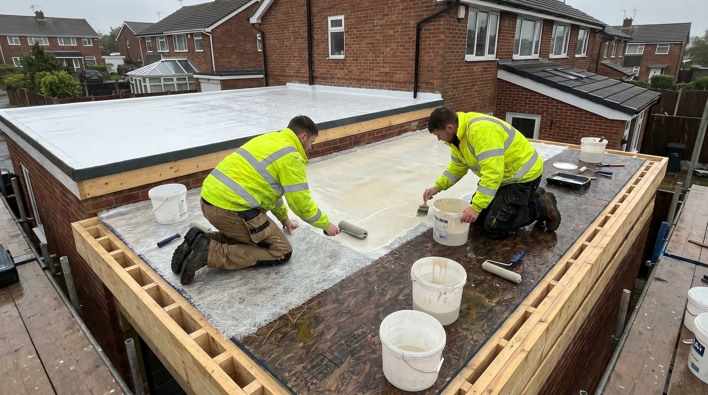 Roofer applying fibreglass resin laminate to an OSB3 flat roof deck using a roller, with wet chopped strand matting visible on the surface