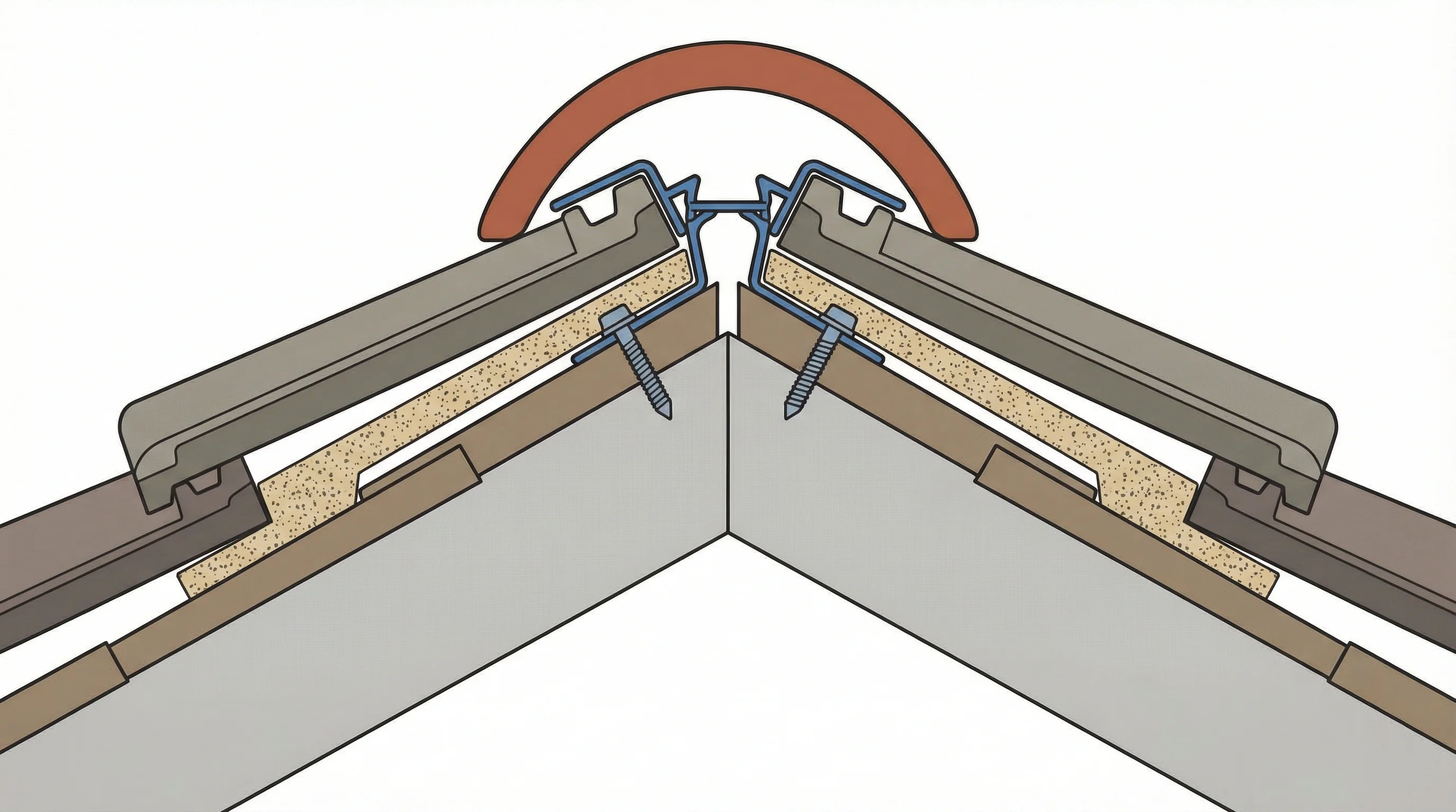 Technical cross-section of a pitched roof apex showing a ridge tile seated on a dry ridge system with ventilated roll, foam filler, and mechanical clip fixing into a ridge batten