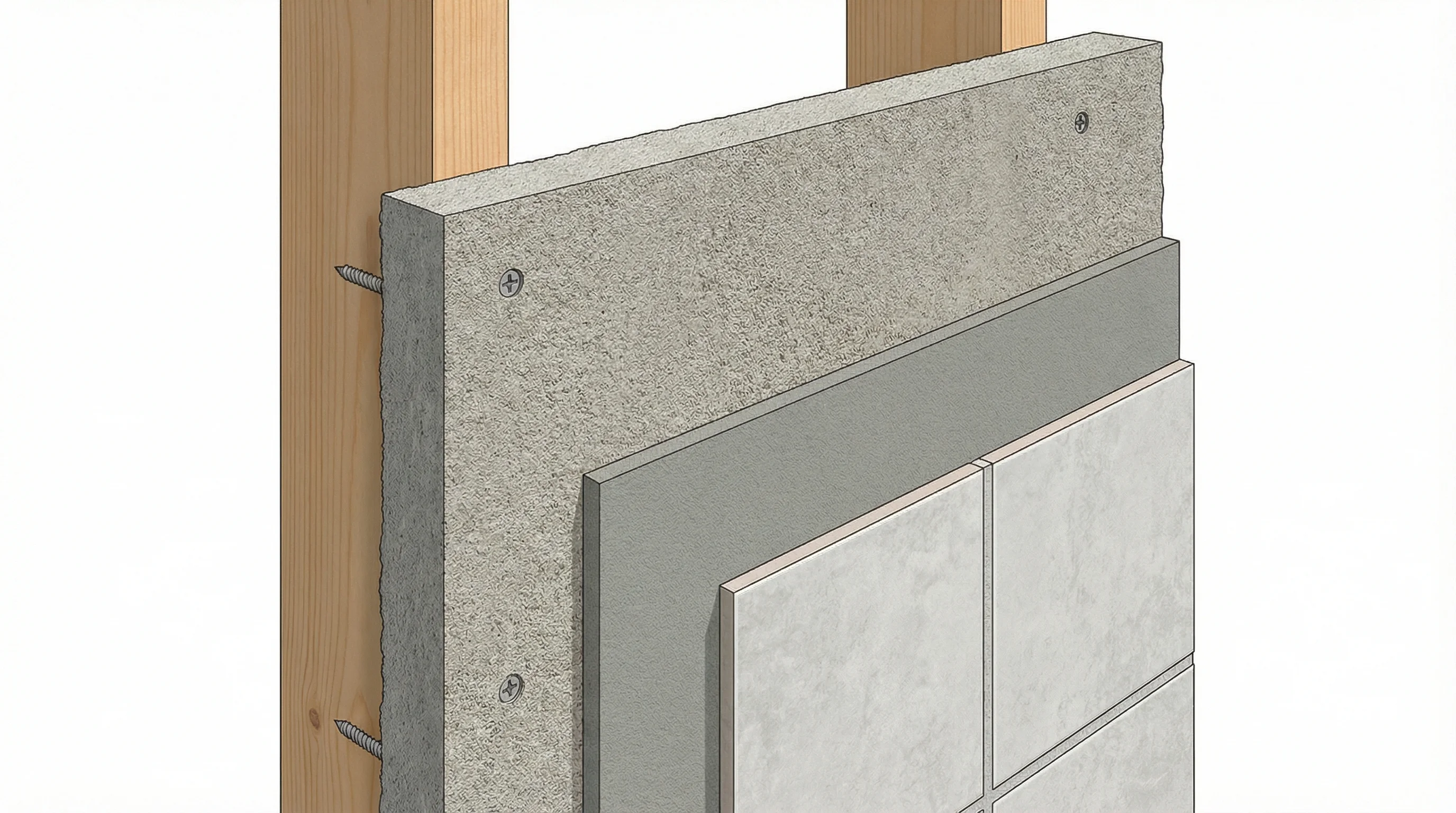 Cross-section of cement backer board showing fibre-reinforced cement composition with tile adhesive layer and wall tile, annotated with key features