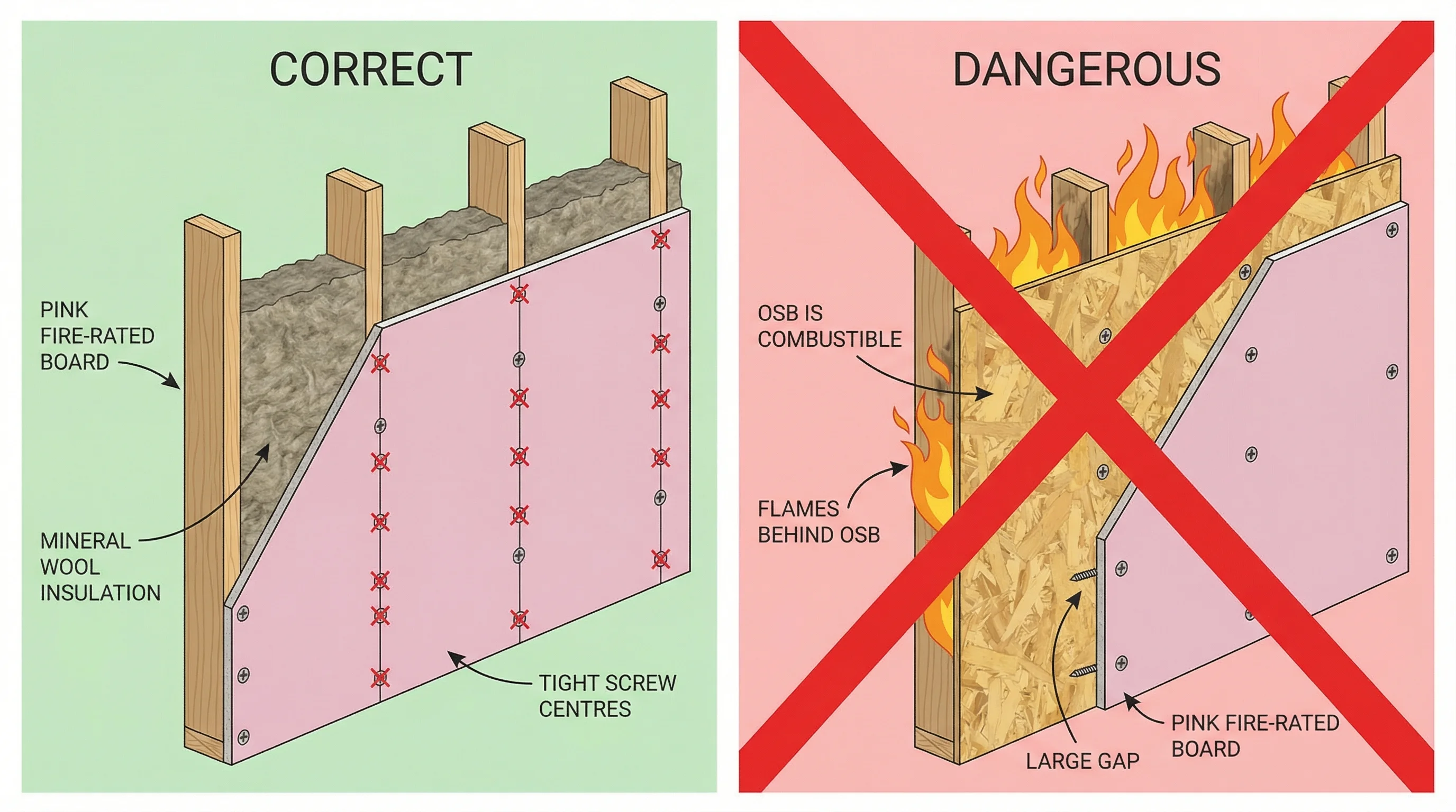 Two-panel comparison: left panel shows correct installation with pink fire-rated board screwed directly to timber studs with mineral wool insulation; right panel shows dangerous incorrect installation with fire-rated board over combustible OSB, marked with a red cross.