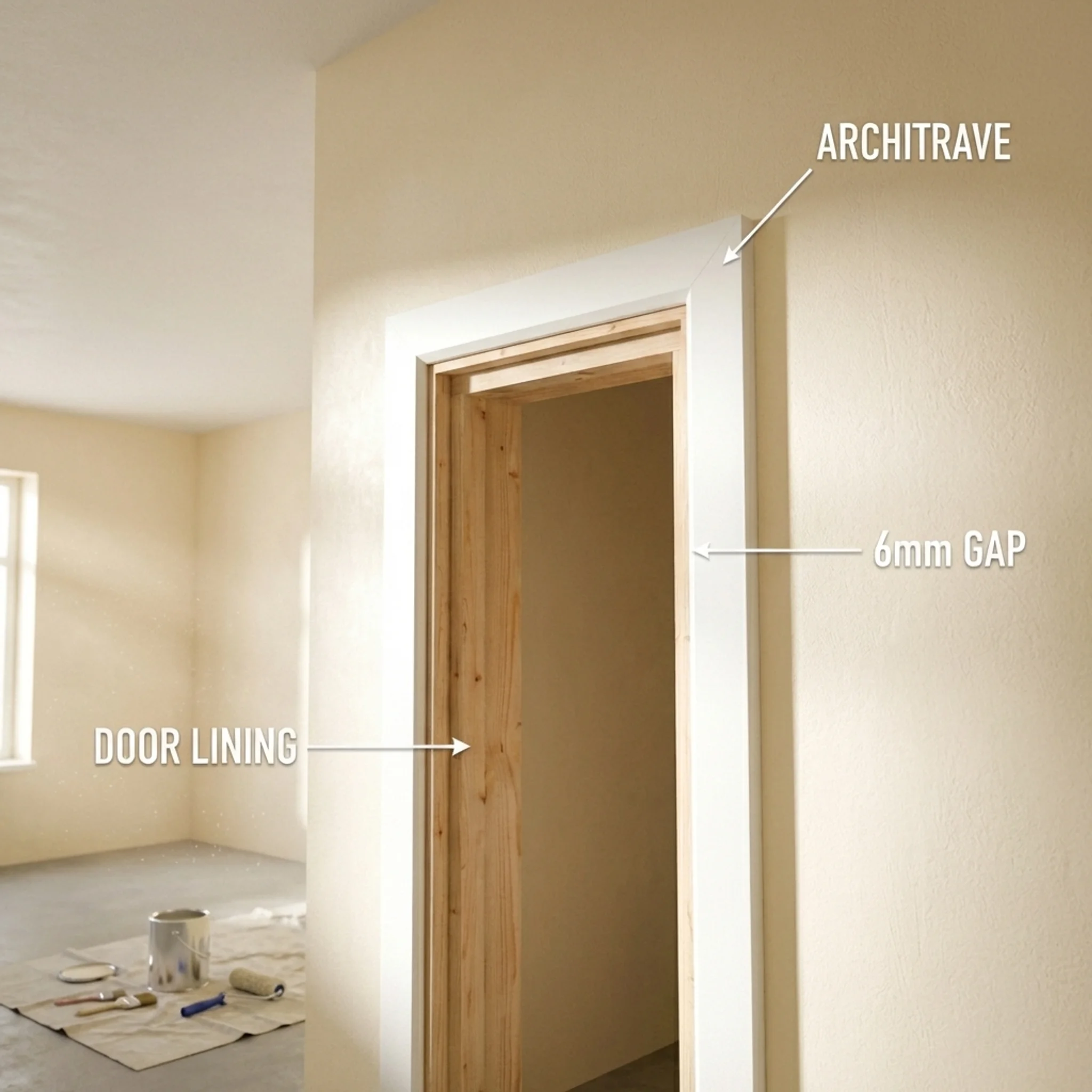 Close-up isometric cross-section showing the 6mm reveal gap between the inner edge of a door lining and the inner edge of the architrave, with the plaster wall visible behind the architrave and all four elements labelled.