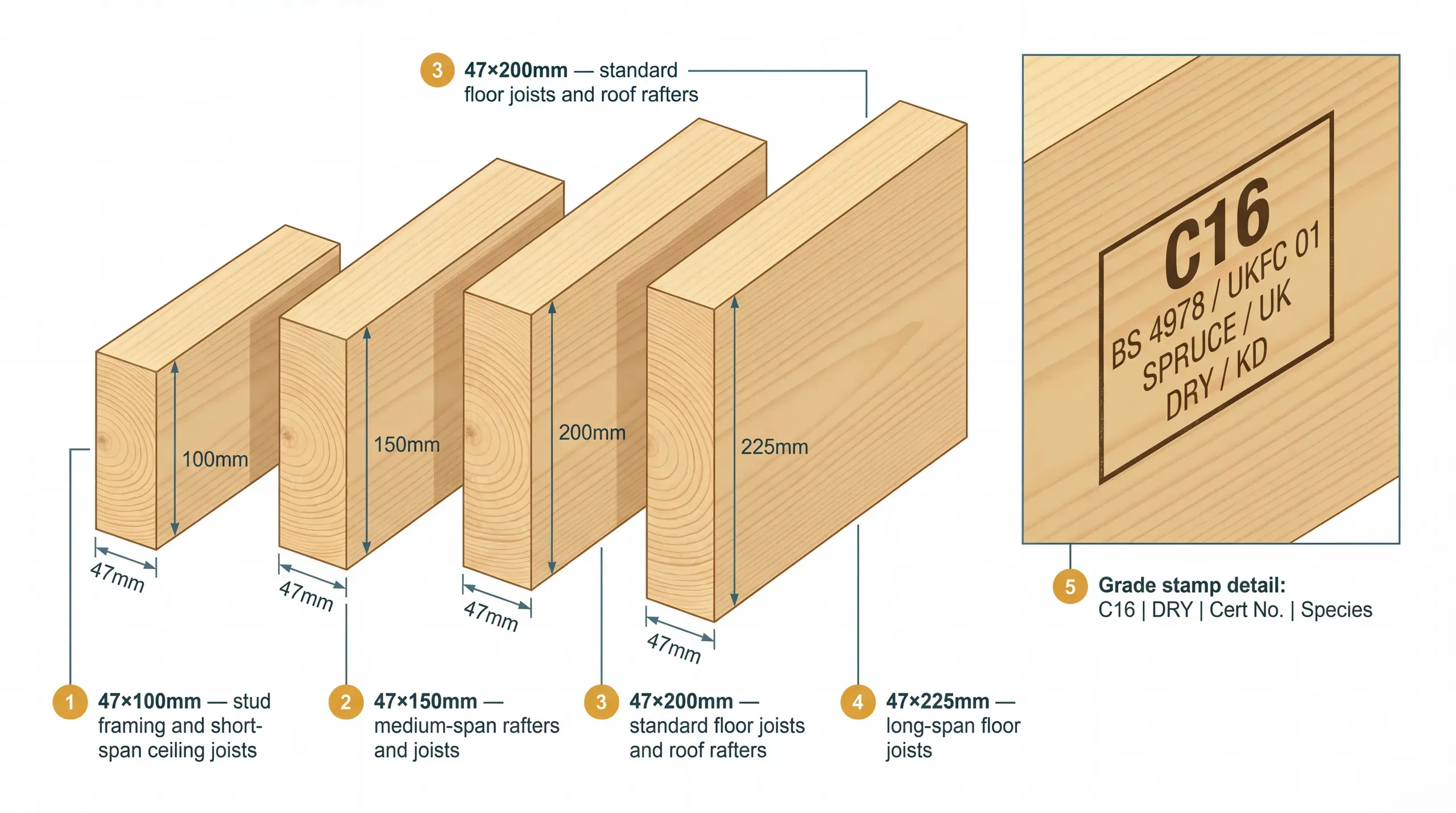Technical diagram showing C16 structural timber cross-sections in common sizes with grade stamp detail and span table reference