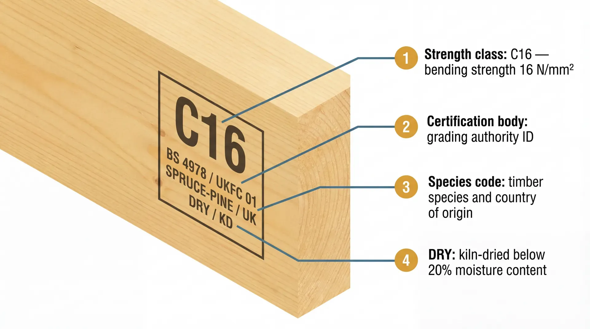Close-up of a C16 timber grade stamp on a softwood timber face, with four annotated callouts explaining the strength class (C16), certification body number, species and origin code, and DRY/KD kiln-dried moisture marking.