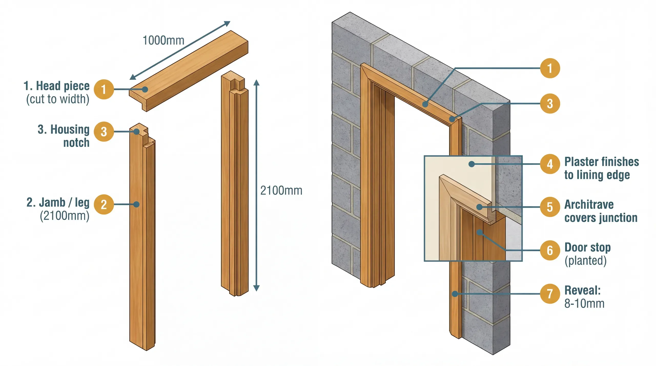 Technical diagram showing door lining kit components: head piece, two jambs, door stop, and how they assemble into a door opening with architrave and plaster finishing to the lining edge