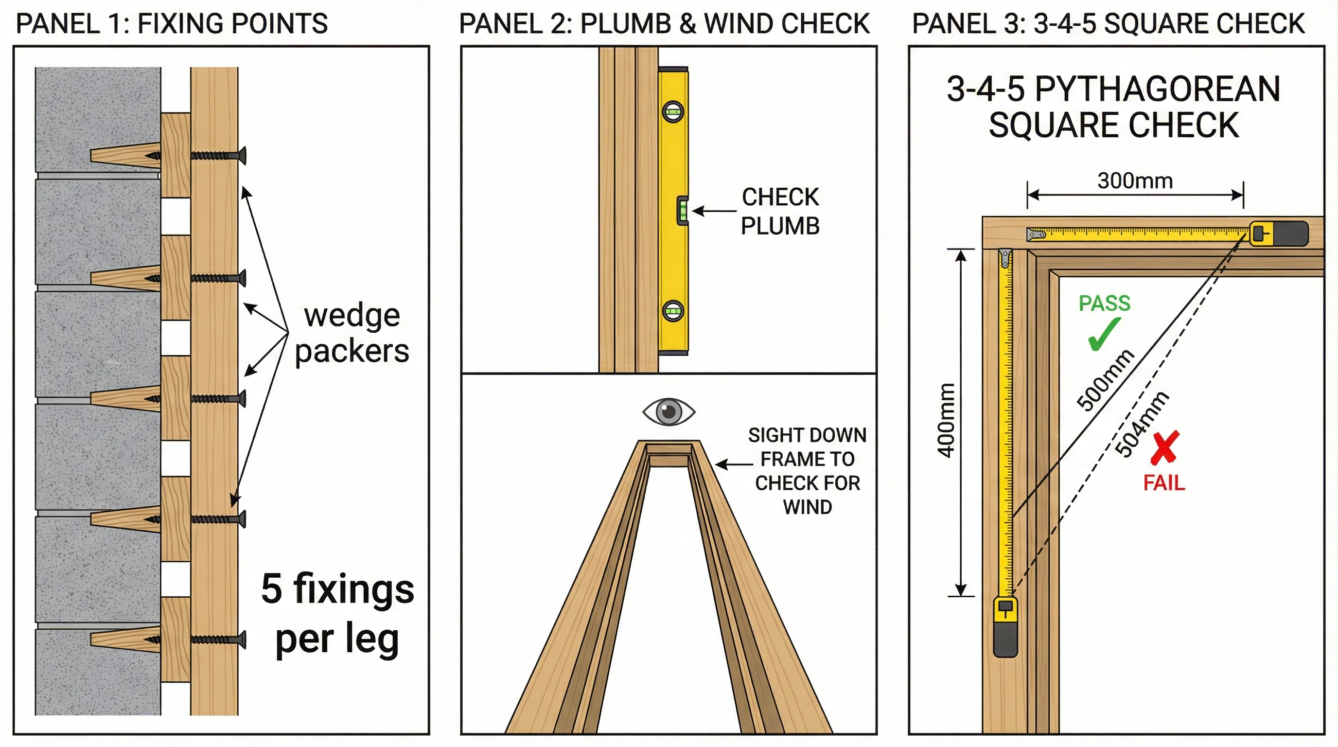 Three-panel technical diagram showing the door lining fitting process. Left panel shows timber wedge packers at five fixing points per jamb leg with screws passing through into blockwork. Centre panel shows a spirit level against a jamb leg confirming plumb and a top-down view illustrating the in-wind sighting check. Right panel shows the 3-4-5 square check with 300mm along the head, 400mm down the leg, and the diagonal tape reading 500mm (pass) versus 504mm (fail).