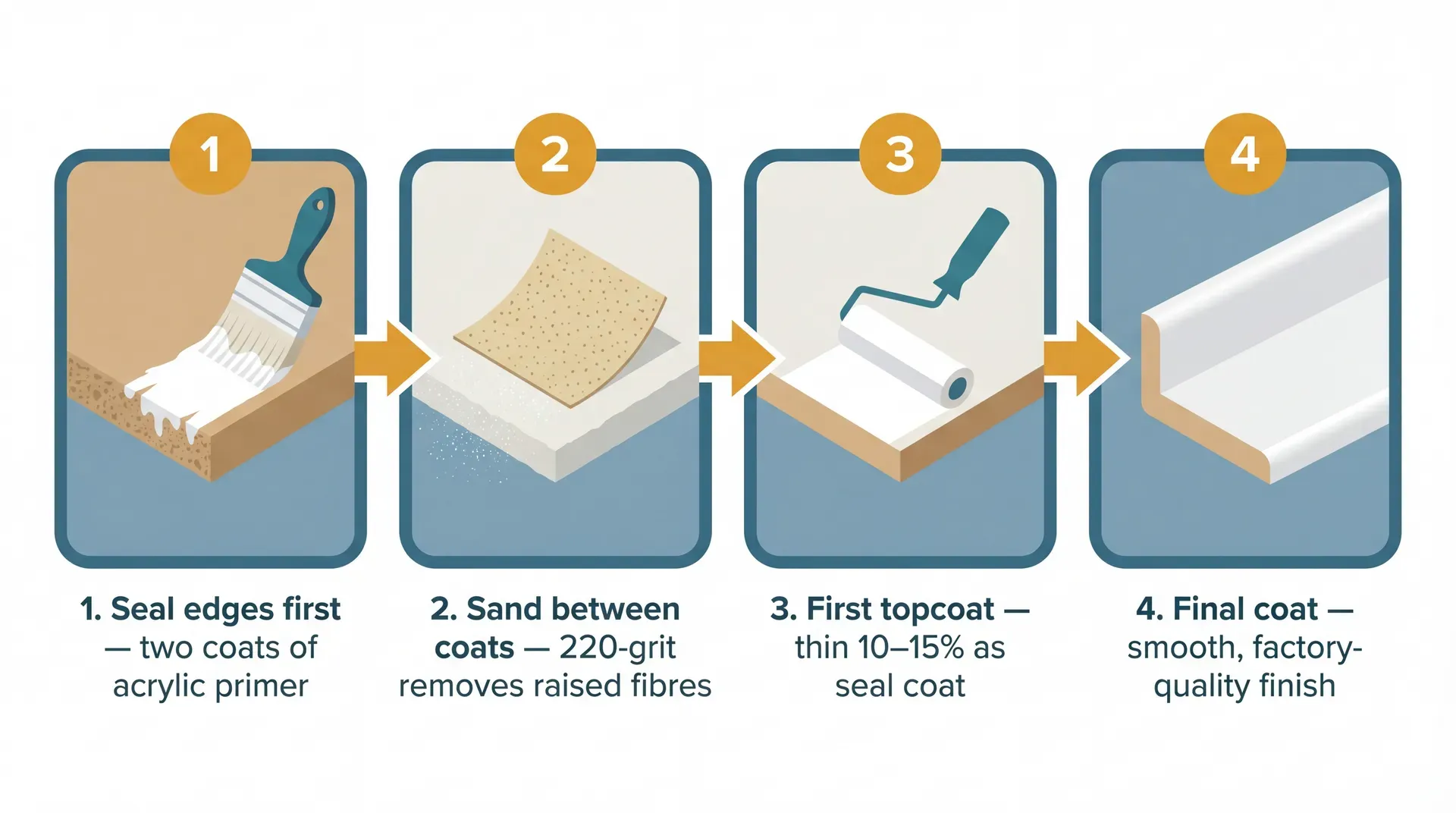 Four-panel process infographic showing the MDF painting sequence: sealing edges with two coats of acrylic primer, sanding between coats with 220-grit to remove raised fibres, applying the first topcoat thinned 10-15% as a seal coat, and the final smooth factory-quality satin finish.