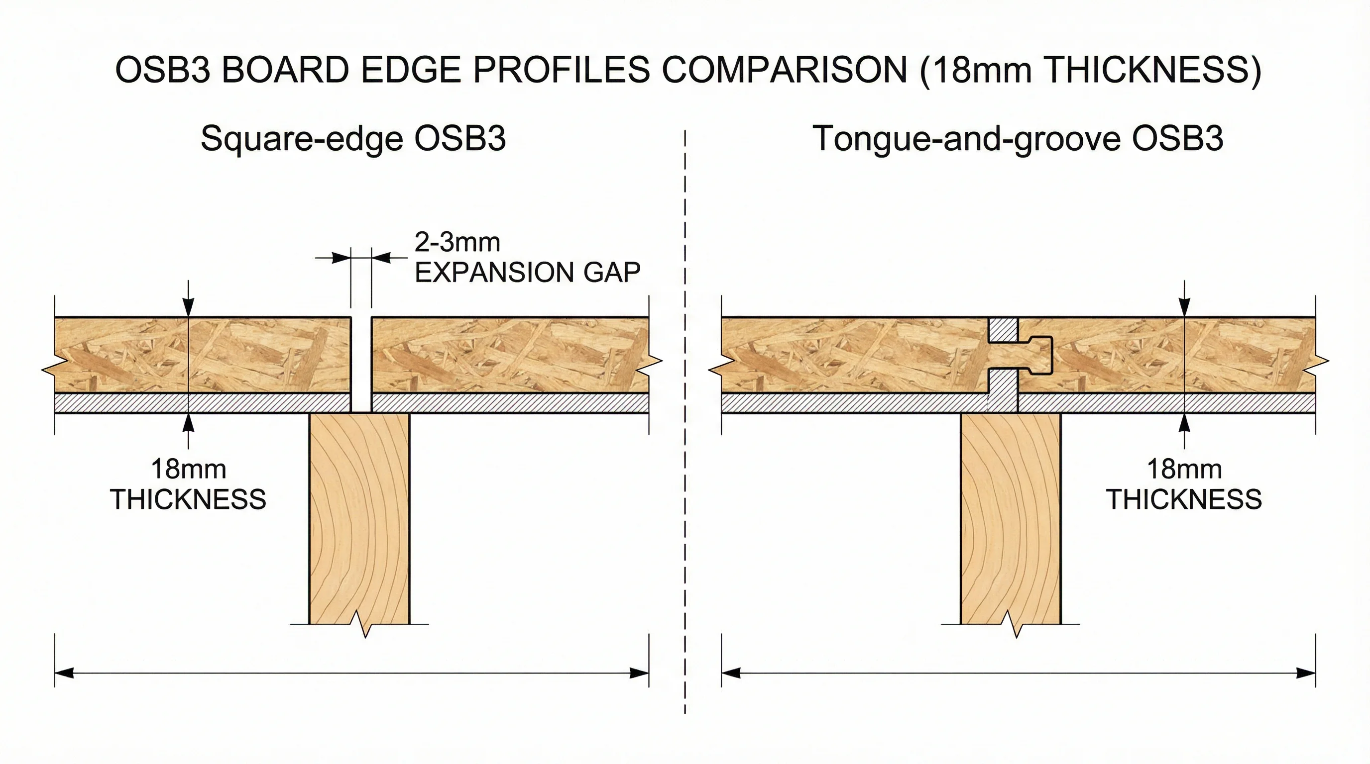 Cross-section comparison of square-edge OSB3 sheets with a 2-3mm expansion gap sitting on a timber joist alongside tongue-and-groove OSB3 panels with their interlocking edge profile, both shown at 18mm thickness.