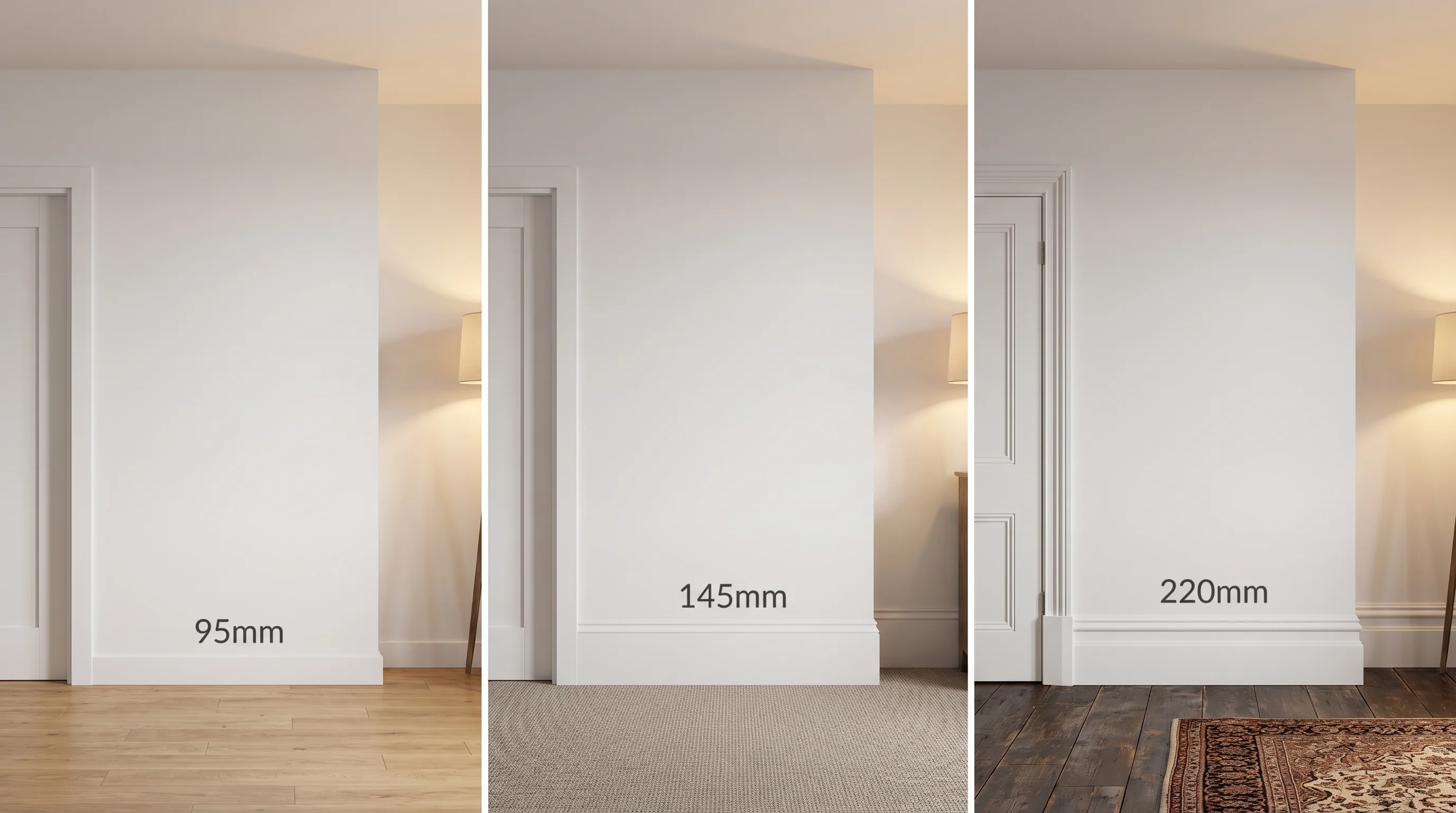 Three wall sections side by side showing 95mm, 145mm, and 220mm skirting boards in proportion against a standard 2.4m ceiling height, with a door frame and architrave for scale.