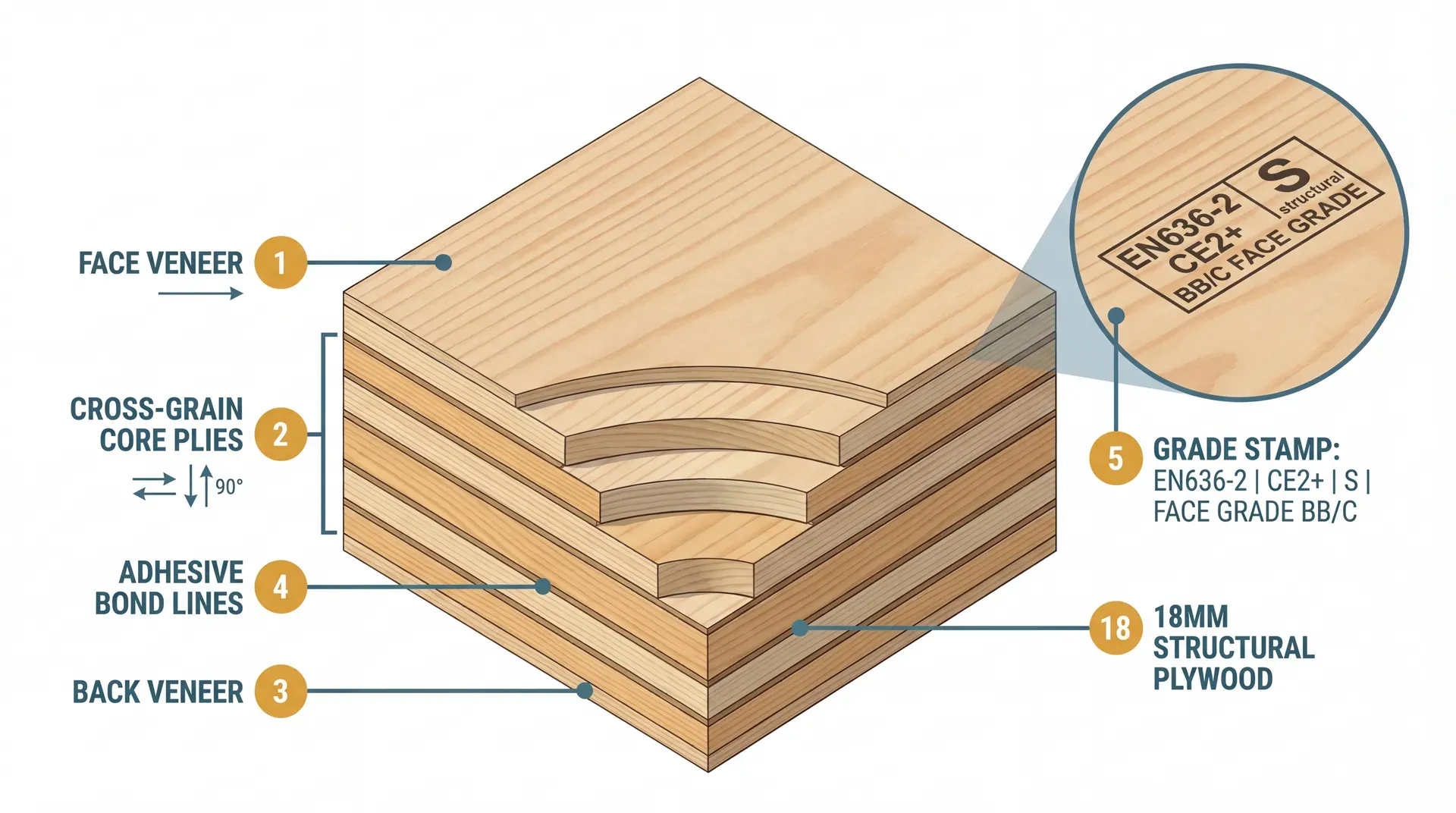Technical diagram showing structural plywood cross-section with alternating grain layers, EN636 grade stamp detail, and standard 2440x1220mm sheet dimensions