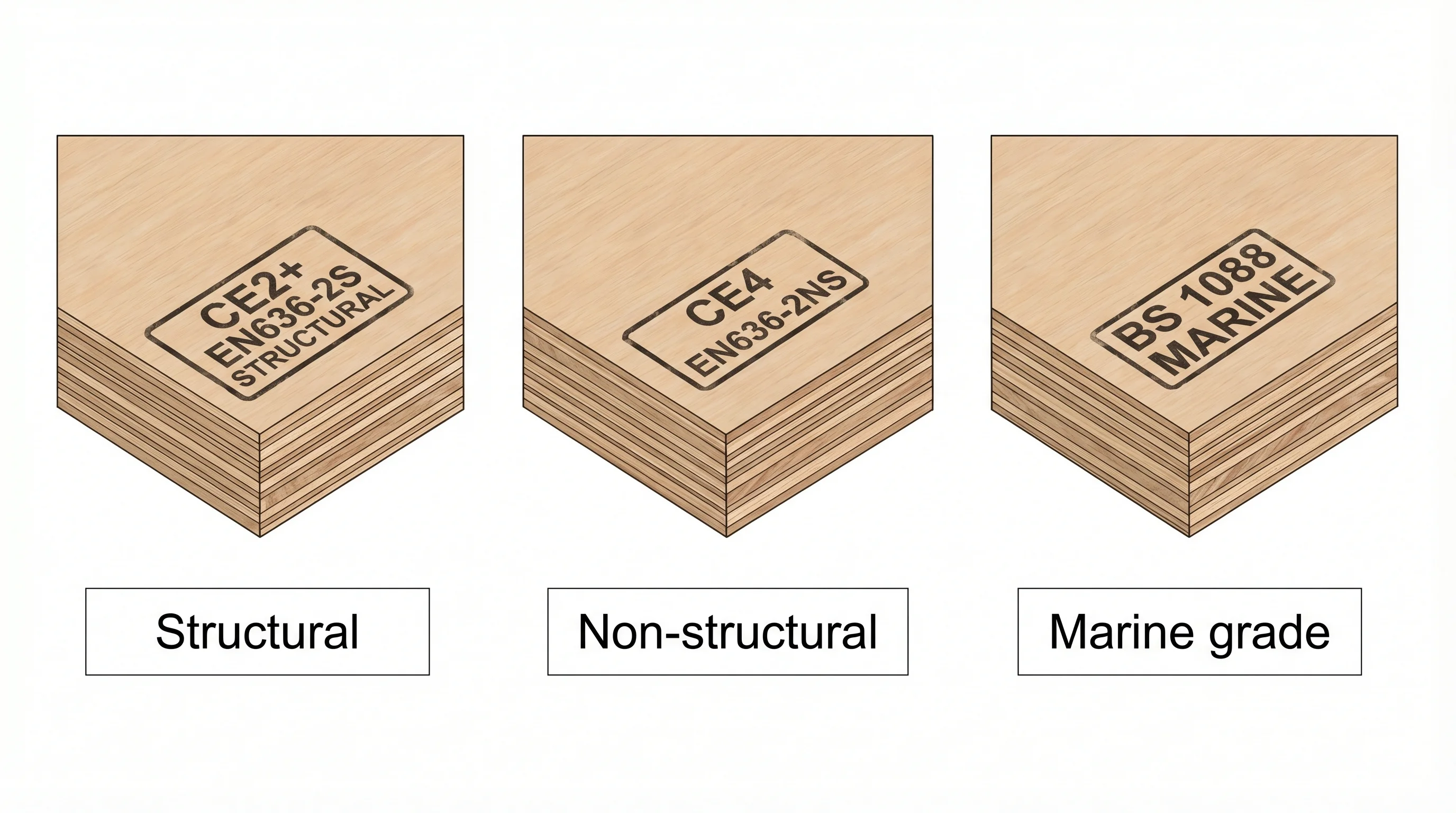 Three plywood sheet corners shown side by side, each stamped with a different grade mark. The left sheet shows CE2+ with EN636-2S structural certification. The centre sheet shows CE4 with EN636-2NS non-structural marking. The right sheet shows BS 1088 marine grade certification. Numbered annotations explain the significance of each stamp.