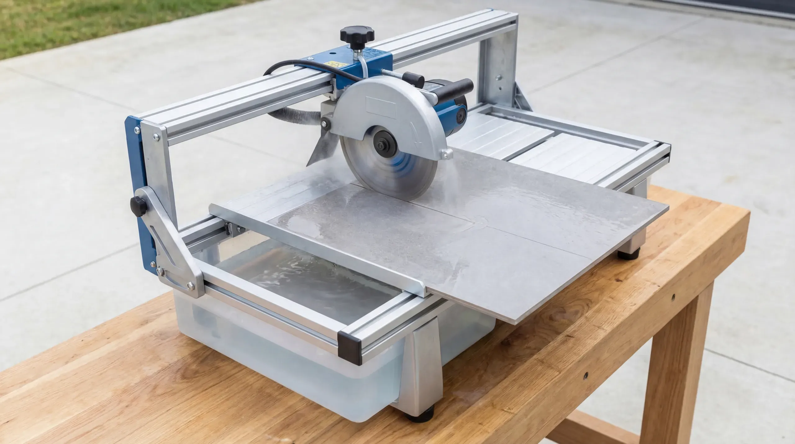 An electric wet tile cutter on a workbench with water reservoir visible, a continuous rim diamond blade fitted, and a porcelain floor tile positioned on the sliding table ready to cut
