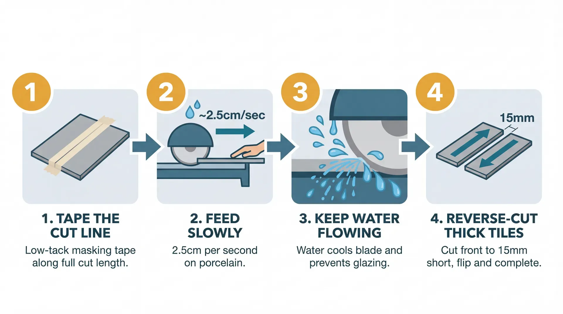 Four-step process infographic showing how to prevent chipping when cutting porcelain tiles on a wet saw: step 1 apply masking tape along the cut line, step 2 feed the tile slowly at approximately 2.5cm per second, step 3 keep water flowing over the blade, step 4 use the reverse-cut technique for tiles thicker than 15mm by cutting from the front stopping 15mm short then flipping the tile to complete from the opposite end.